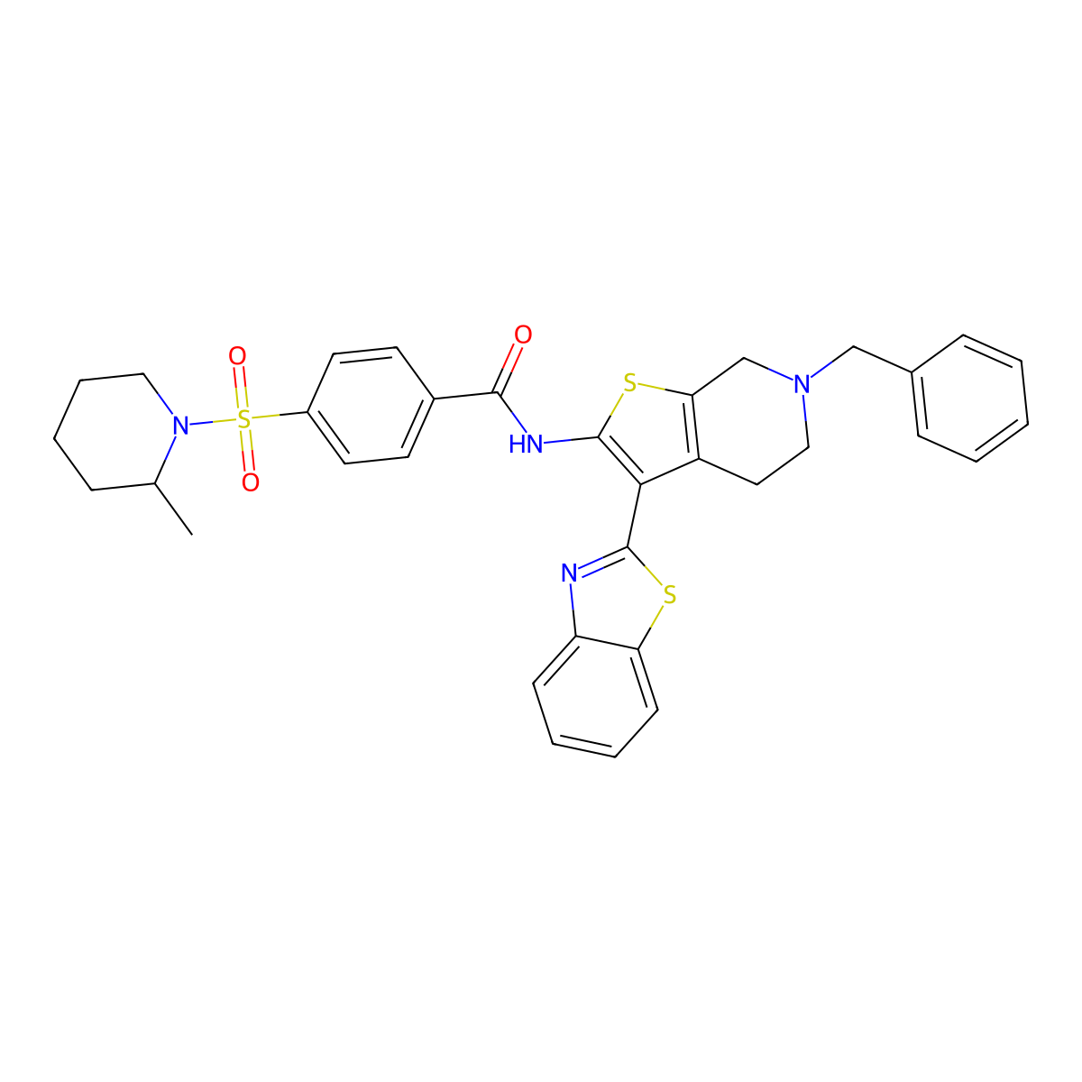 N-(3-(benzo[d]thiazol-2-yl)-6-benzyl-4,5,6,7-tetrahydrothieno[2,3-c]pyridin-2-yl)-4-((2-methylpiperidin-1-yl)sulfonyl)benzamide molecular structure, CAS 681435-72-3