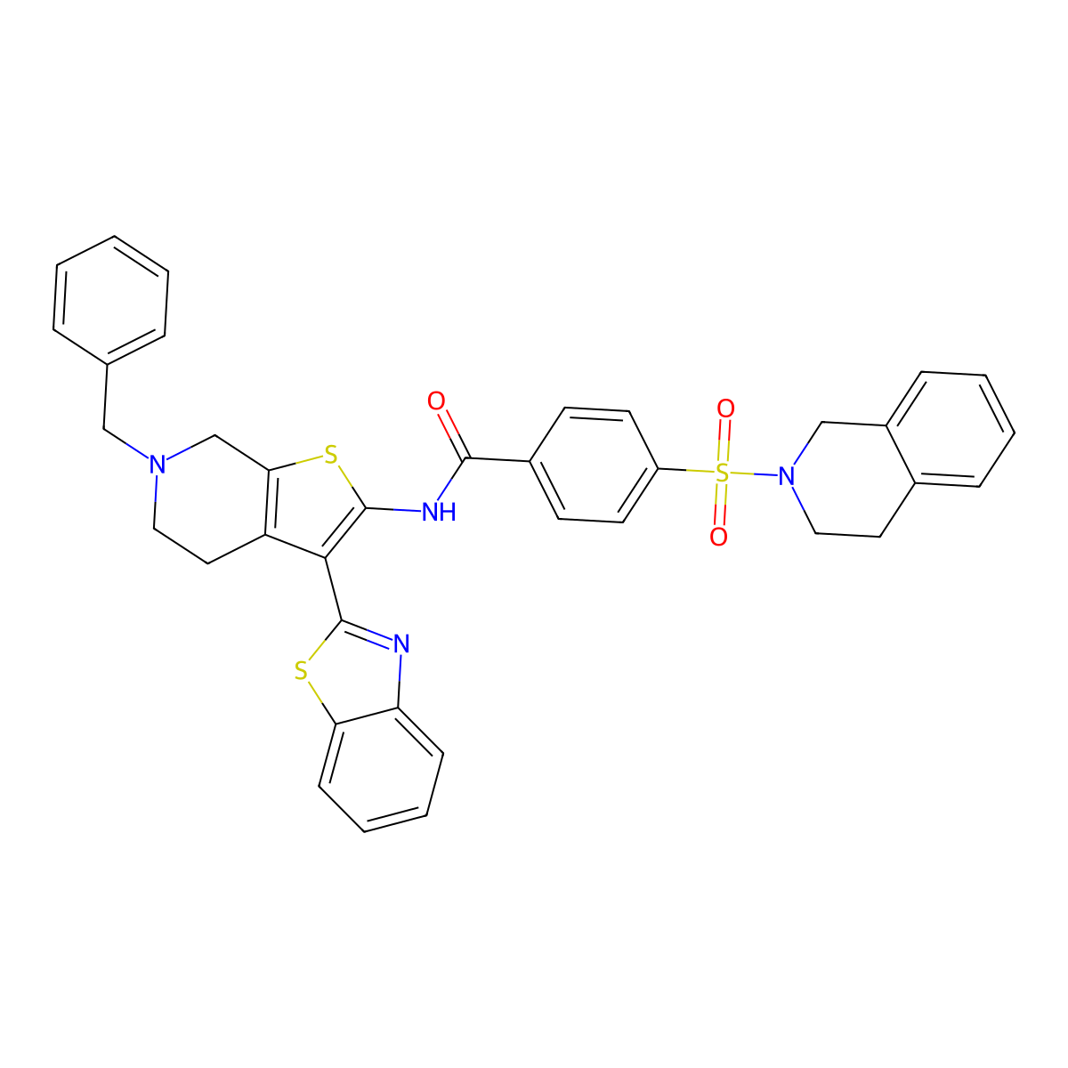N-(3-(benzo[d]thiazol-2-yl)-6-benzyl-4,5,6,7-tetrahydrothieno[2,3-c]pyridin-2-yl)-4-((3,4-dihydroisoquinolin-2(1H)-yl)sulfonyl)benzamide molecular structure, CAS 681435-77-8