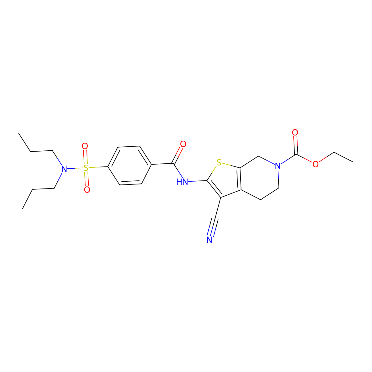 ethyl 3-cyano-2-(4-(N,N-dipropylsulfamoyl)benzamido)-4,5-dihydrothieno[2,3-c]pyridine-6(7H)-carboxylate molecular structure, CAS 681437-25-2