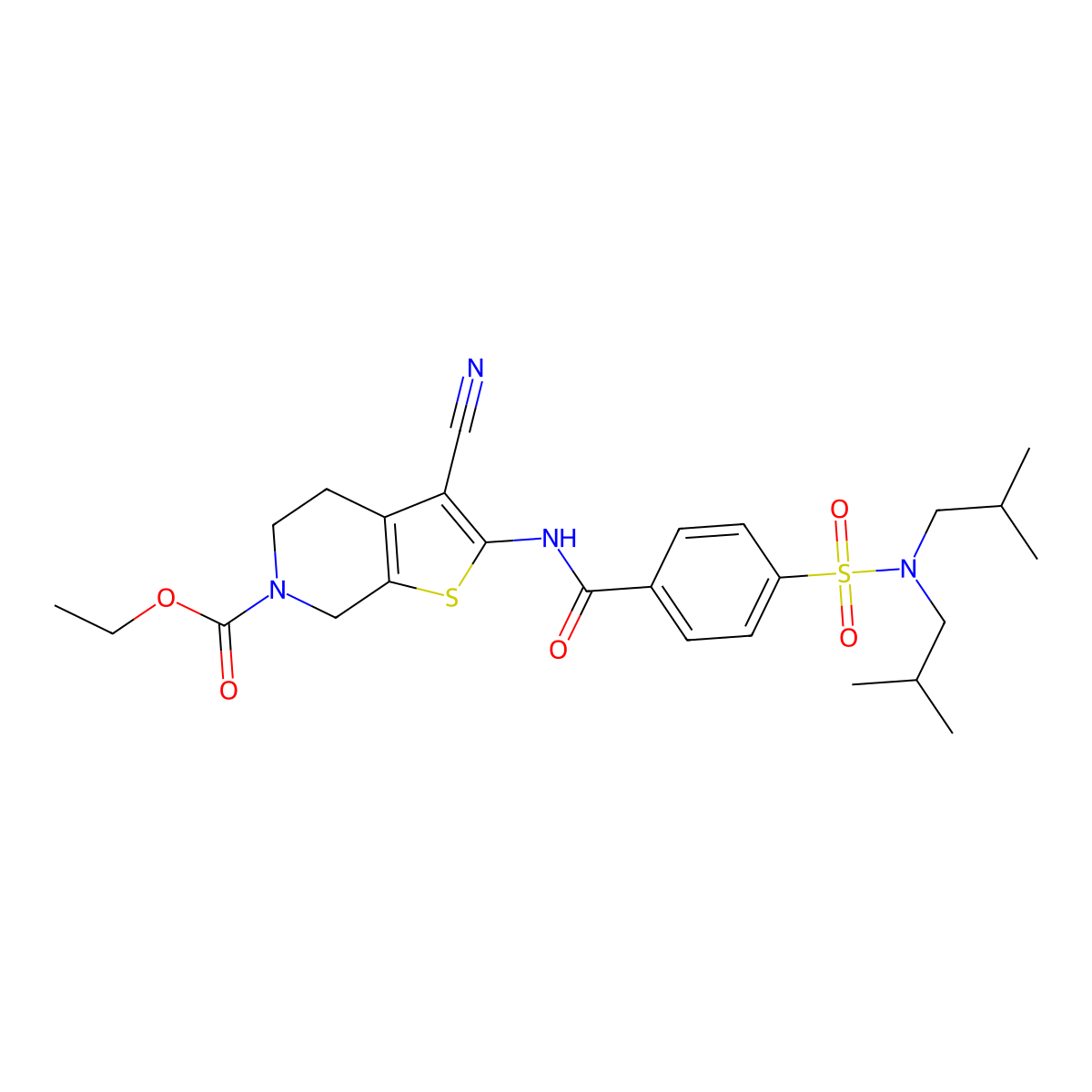 ethyl 3-cyano-2-(4-(N,N-diisobutylsulfamoyl)benzamido)-4,5-dihydrothieno[2,3-c]pyridine-6(7H)-carboxylate molecular structure, CAS 681437-26-3
