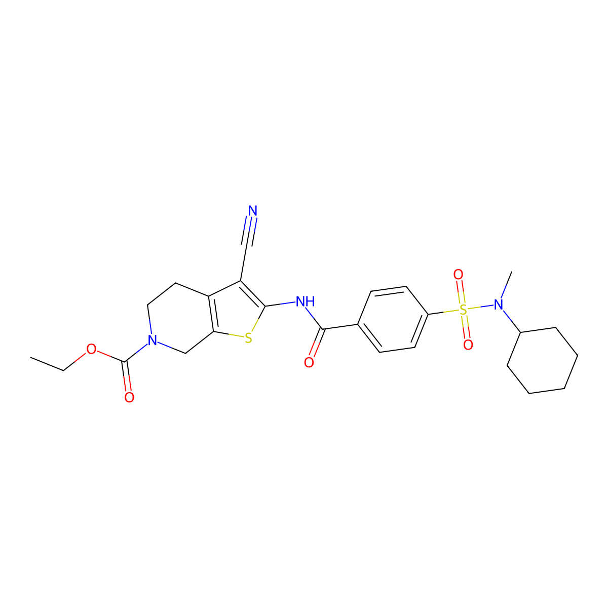 ethyl 3-cyano-2-(4-(N-cyclohexyl-N-methylsulfamoyl)benzamido)-4,5-dihydrothieno[2,3-c]pyridine-6(7H)-carboxylate molecular structure, CAS 681437-35-4