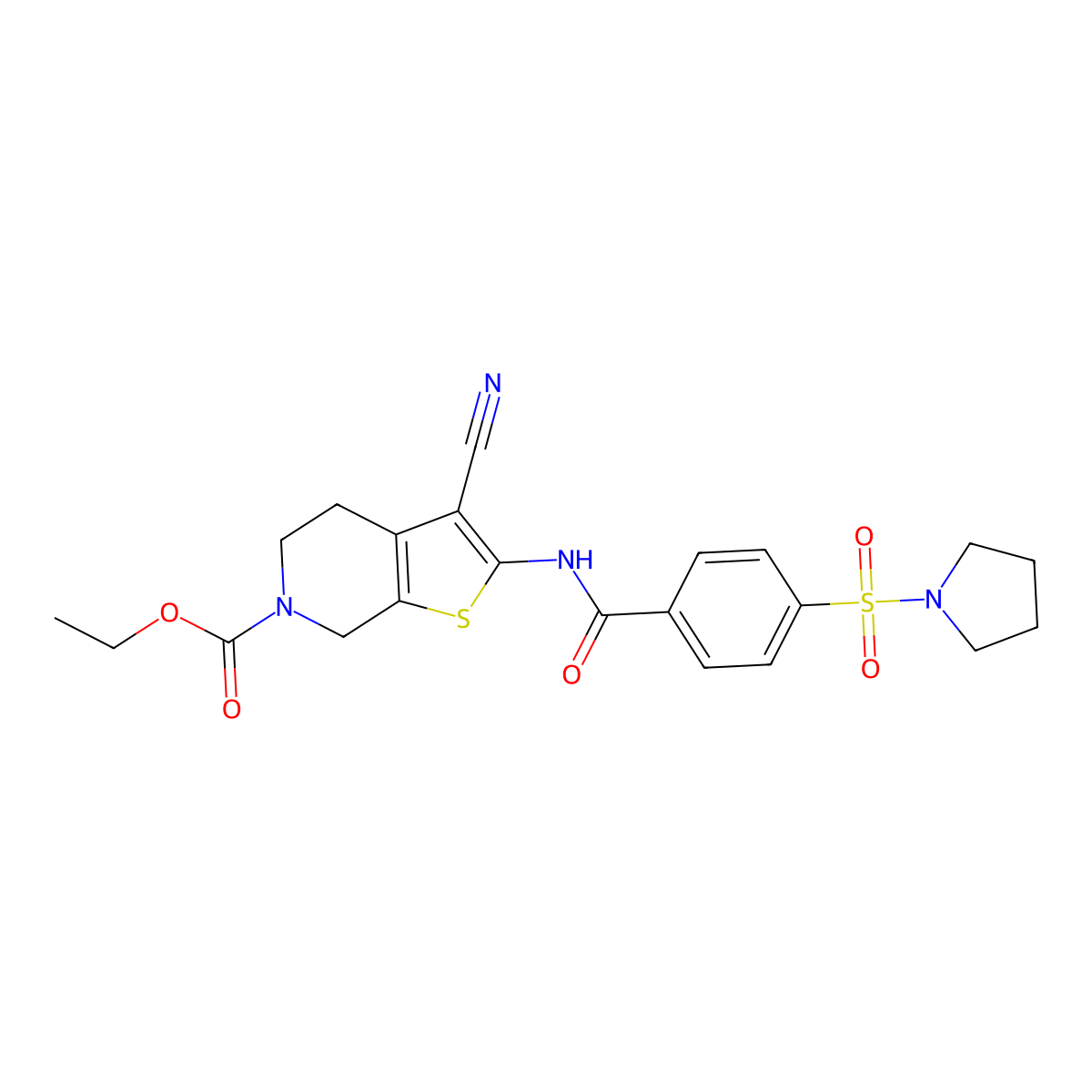 ethyl 3-cyano-2-(4-(pyrrolidin-1-ylsulfonyl)benzamido)-4,5-dihydrothieno[2,3-c]pyridine-6(7H)-carboxylate molecular structure, CAS 681437-40-1