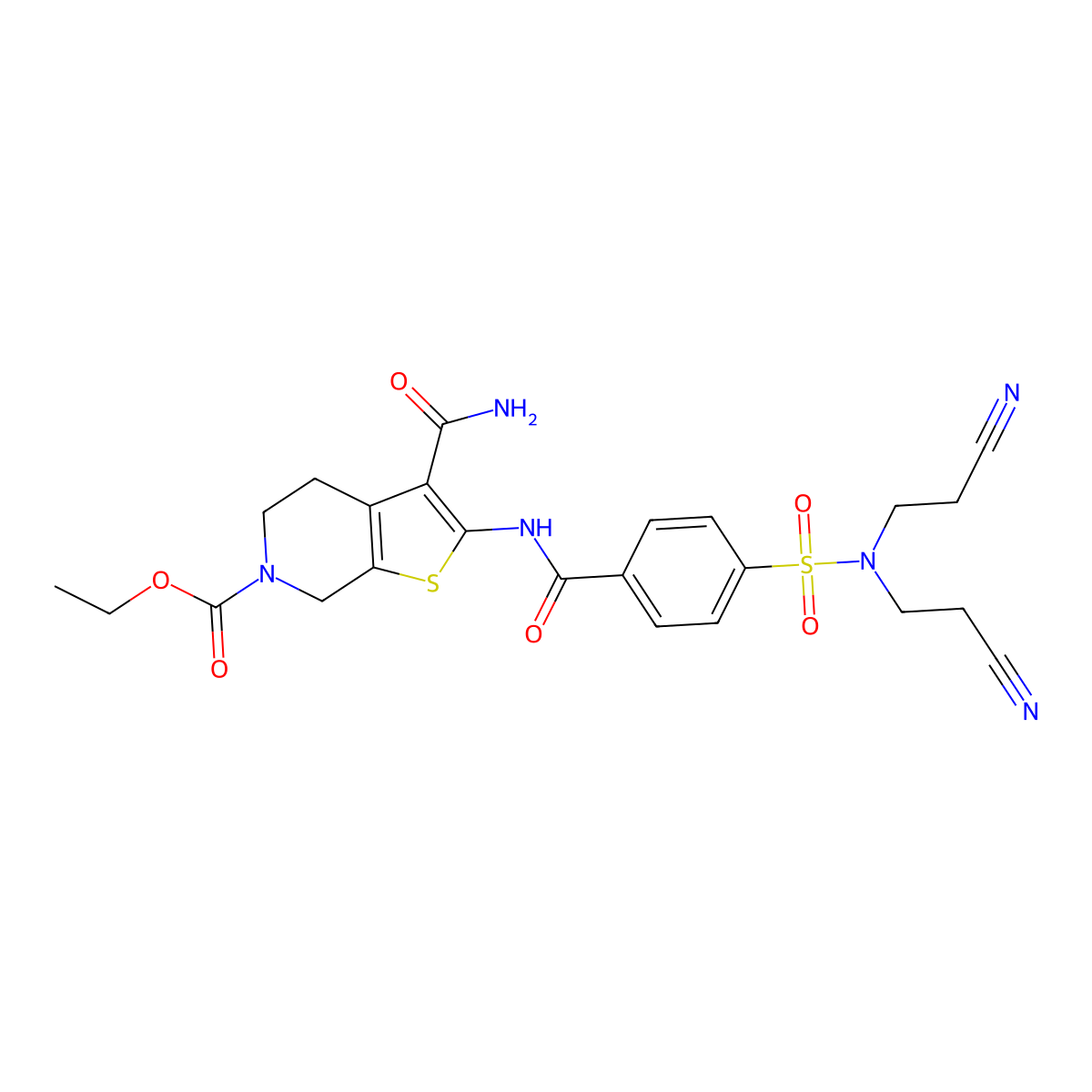 ethyl 2-(4-(N,N-bis(2-cyanoethyl)sulfamoyl)benzamido)-3-carbamoyl-4,5-dihydrothieno[2,3-c]pyridine-6(7H)-carboxylate molecular structure, CAS 681437-57-0