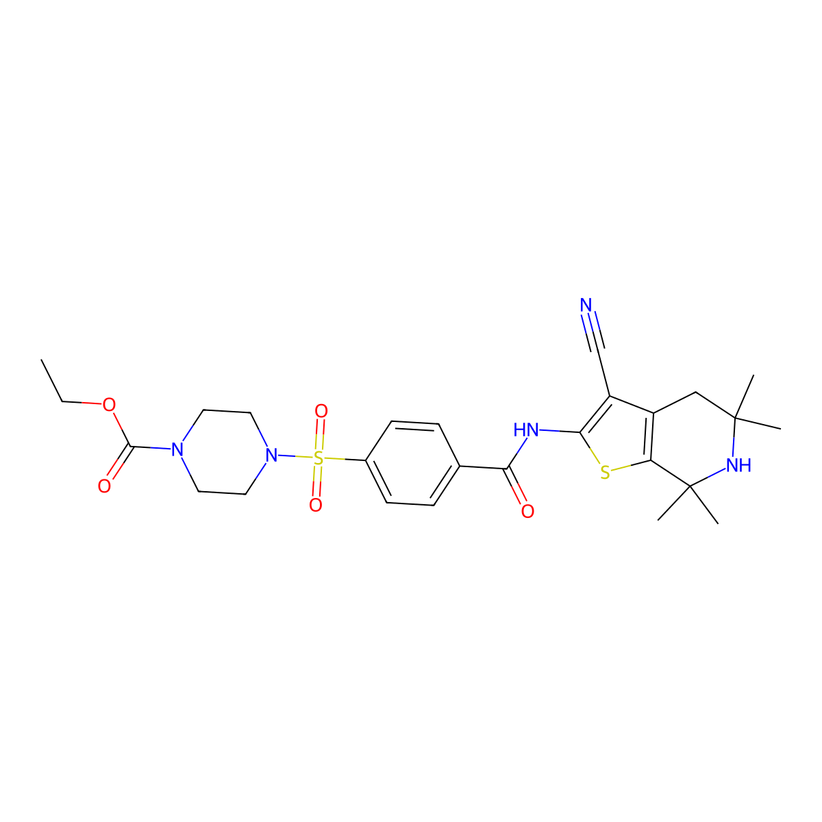 Ethyl 4-((4-((3-cyano-5,5,7,7-tetramethyl-4,5,6,7-tetrahydrothieno[2,3-c]pyridin-2-yl)carbamoyl)phenyl)sulfonyl)piperazine-1-carboxylate molecular structure, CAS 681439-01-0