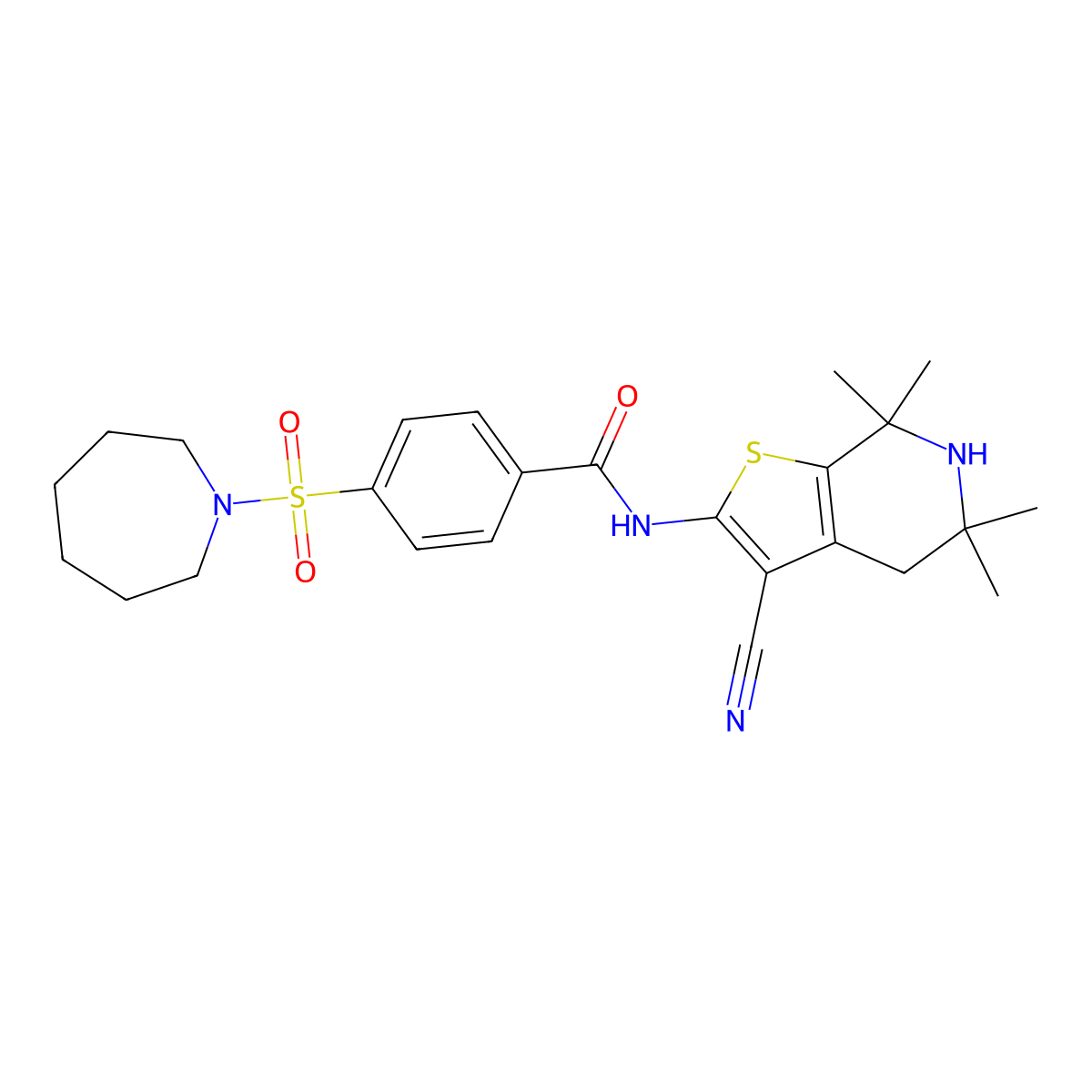 4-(azepan-1-ylsulfonyl)-N-(3-cyano-5,5,7,7-tetramethyl-4,6-dihydrothieno[2,3-c]pyridin-2-yl)benzamide molecular structure, CAS 681439-05-4