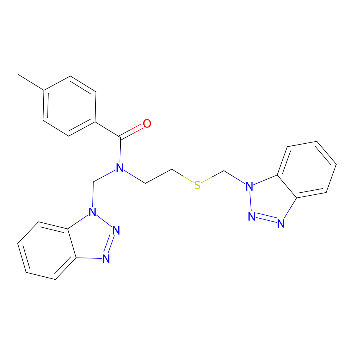 N-(1H-1,2,3-Benzotriazol-1-ylmethyl)-N-{2-[(1H-1,2,3-benzotriazol-1-ylmethyl)sulfanyl]ethyl}-4-methylbenzamide molecular structure, CAS 681447-38-1