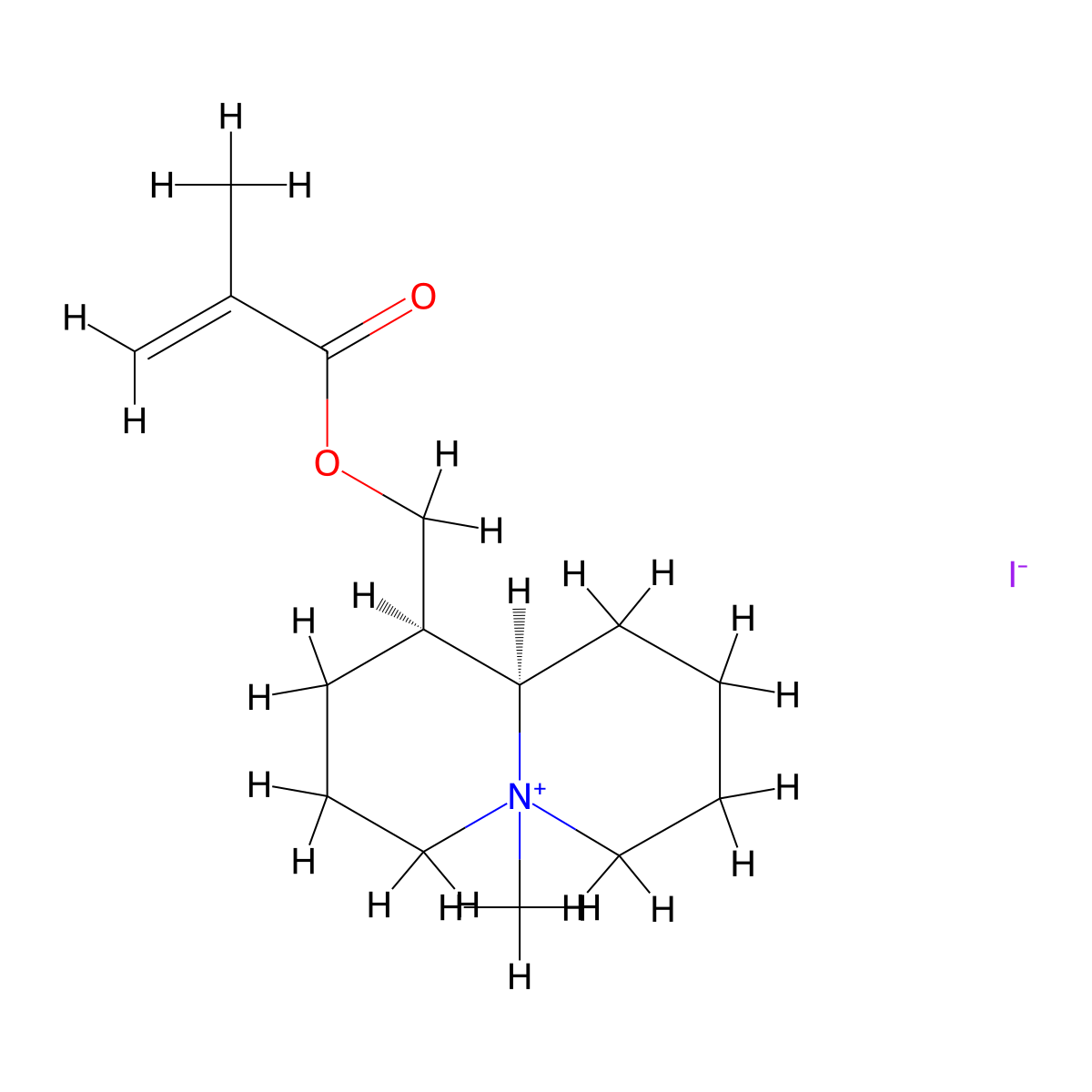 Quinolizinium, decahydro-5-methyl-1-(((2-methyl-1-oxo-2-propenyl)oxy)methyl)-, iodide, (1R-trans)- molecular structure, CAS 68147-54-6