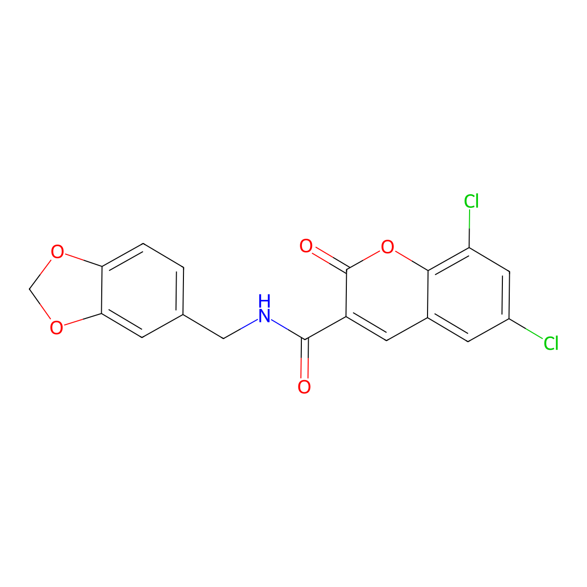 N-(1,3-benzodioxol-5-ylmethyl)-6,8-dichloro-2-oxochromene-3-carboxamide molecular structure, CAS 681479-65-2
