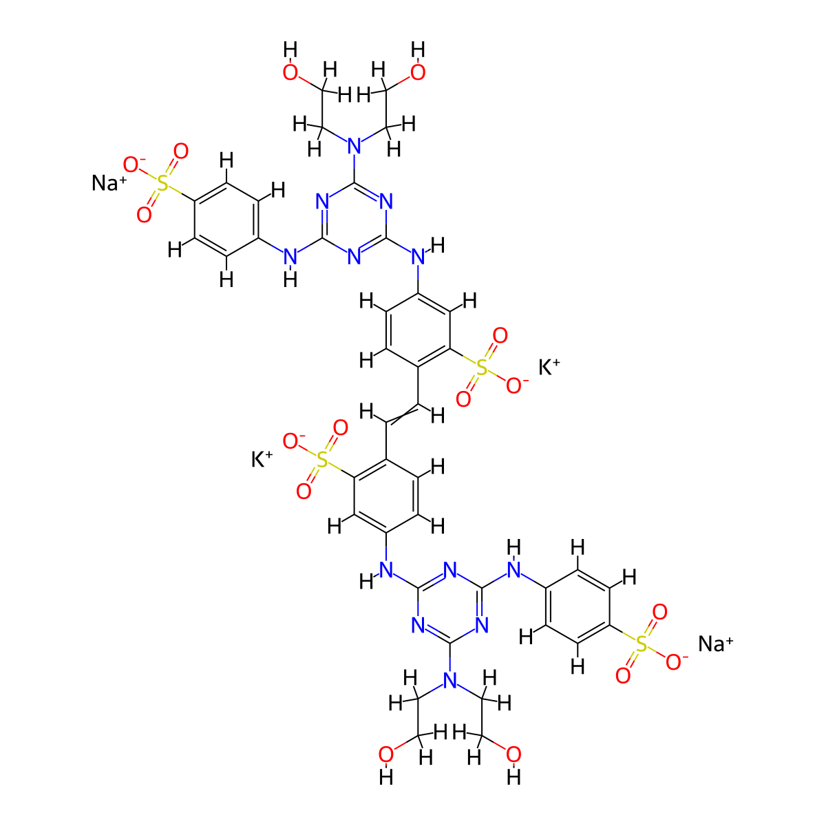 benzenesulfonic acid, 2,2'-(1,2-ethenediyl)bis[5-[[4-[bis(2-hydroxyethyl)amino]-6-[(4-sulfophenyl)amino]-1,3,5-triazin-2-yl]amino]-, dipotassium disodium salt molecular structure, CAS 68155-70-4