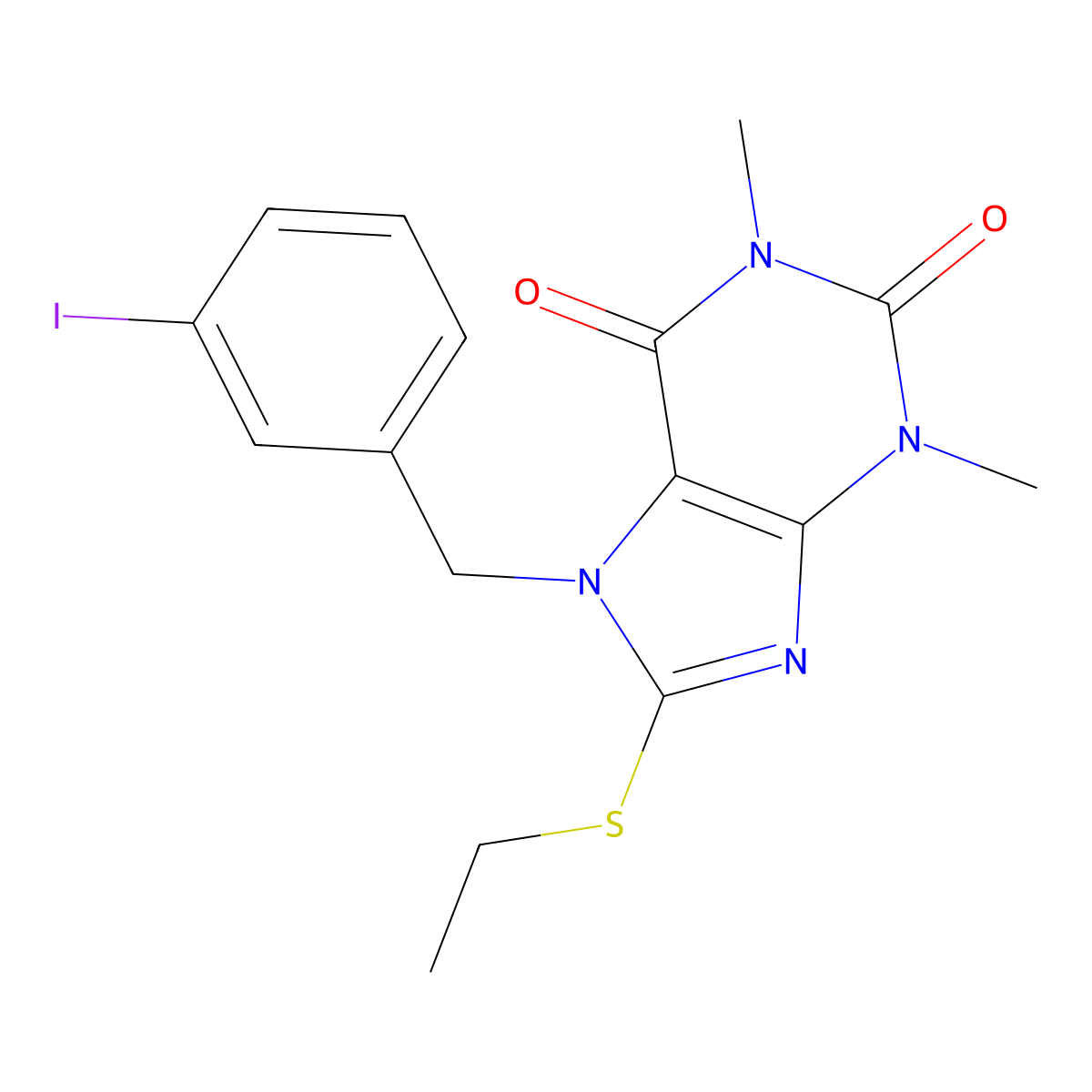 8-(ethylsulfanyl)-7-(3-iodobenzyl)-1,3-dimethyl-3,7-dihydro-1H-purine-2,6-dione molecular structure, CAS 681835-32-5