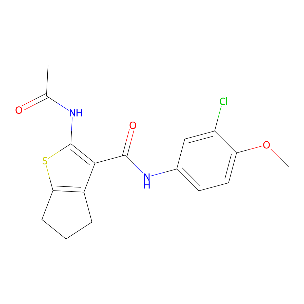 2-acetamido-N-(3-chloro-4-methoxyphenyl)-5,6-dihydro-4H-cyclopenta[b]thiophene-3-carboxamide molecular structure, CAS 681835-44-9
