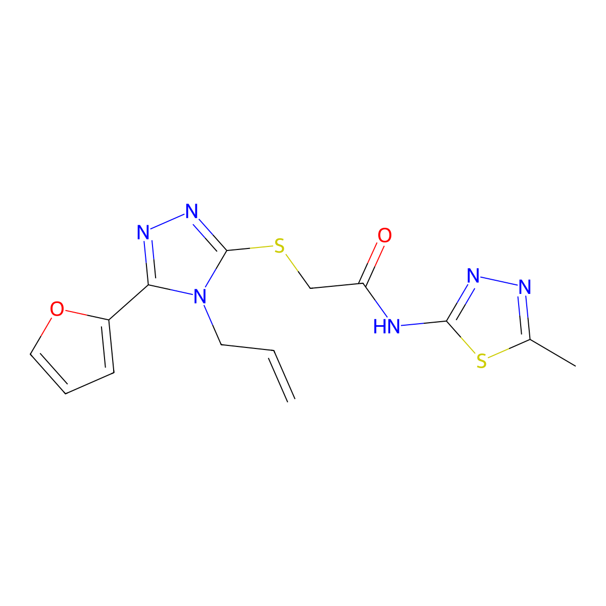 2-[[5-(furan-2-yl)-4-prop-2-enyl-1,2,4-triazol-3-yl]sulfanyl]-N-(5-methyl-1,3,4-thiadiazol-2-yl)acetamide molecular structure, CAS 681838-37-9