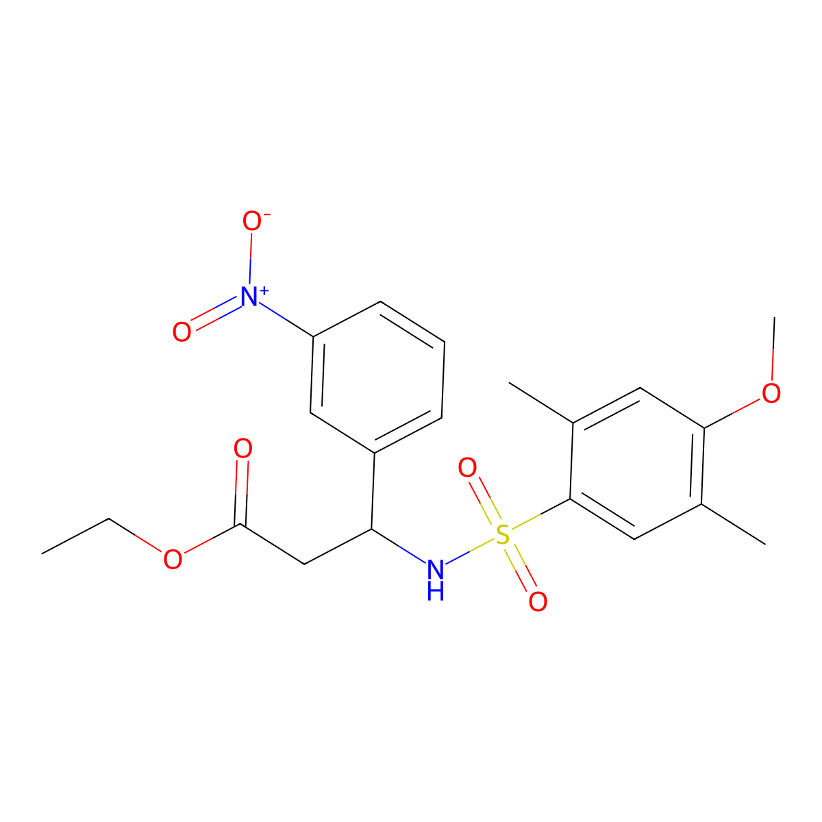 Ethyl 3-(4-methoxy-2,5-dimethylbenzenesulfonamido)-3-(3-nitrophenyl)propanoate molecular structure, CAS 681841-29-2