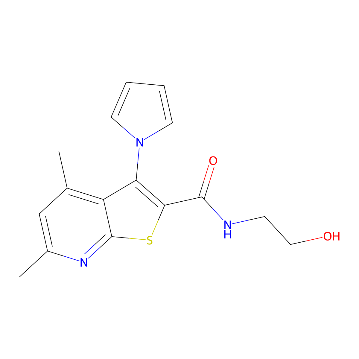 N-(2-hydroxyethyl)-4,6-dimethyl-3-(1H-pyrrol-1-yl)thieno[2,3-b]pyridine-2-carboxamide molecular structure, CAS 681850-04-4