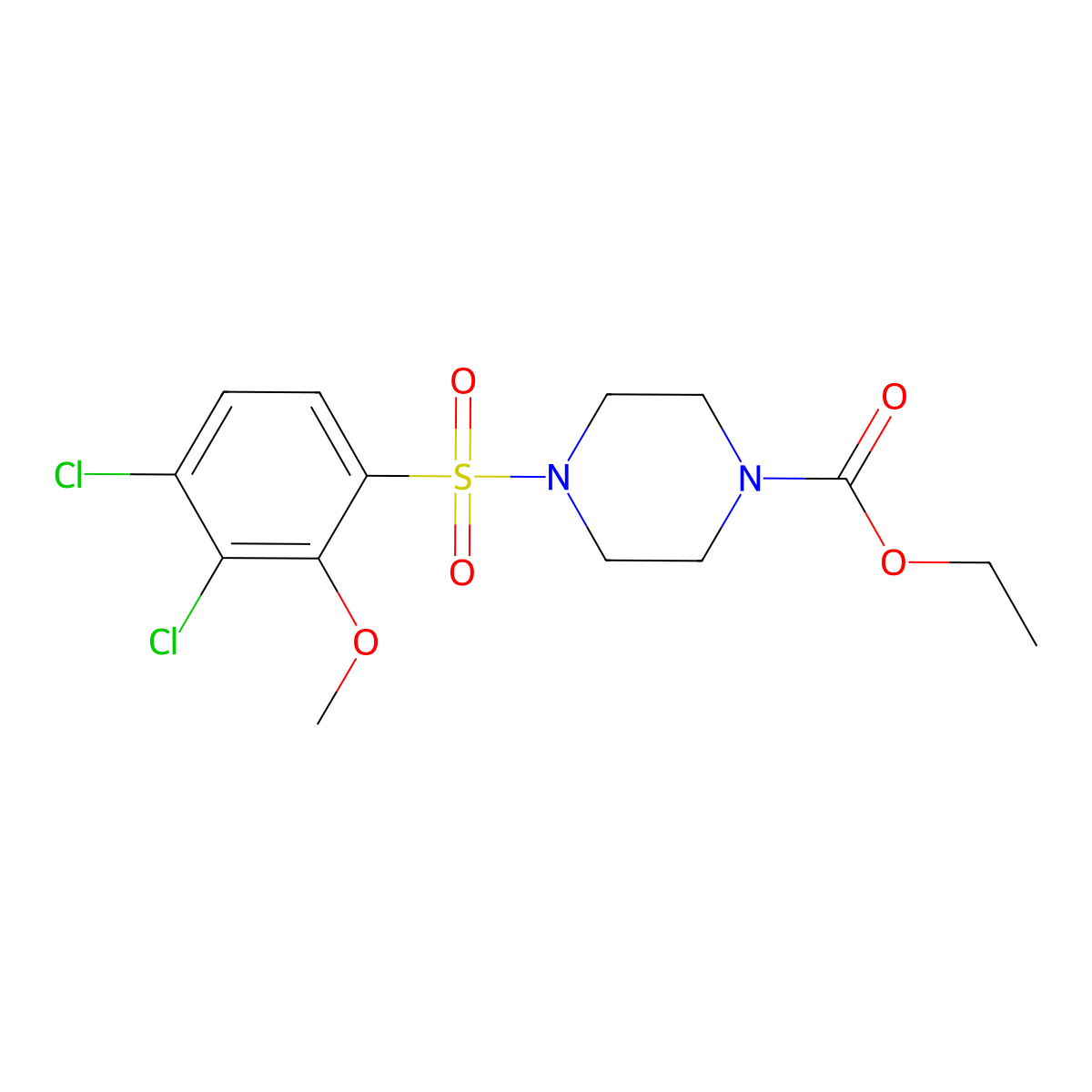 Piperazine-1-carboxylic acid, 4-(3,4-dichloro-2-methoxybenzenesulfonyl)-, ethyl ester molecular structure, CAS 681852-59-5