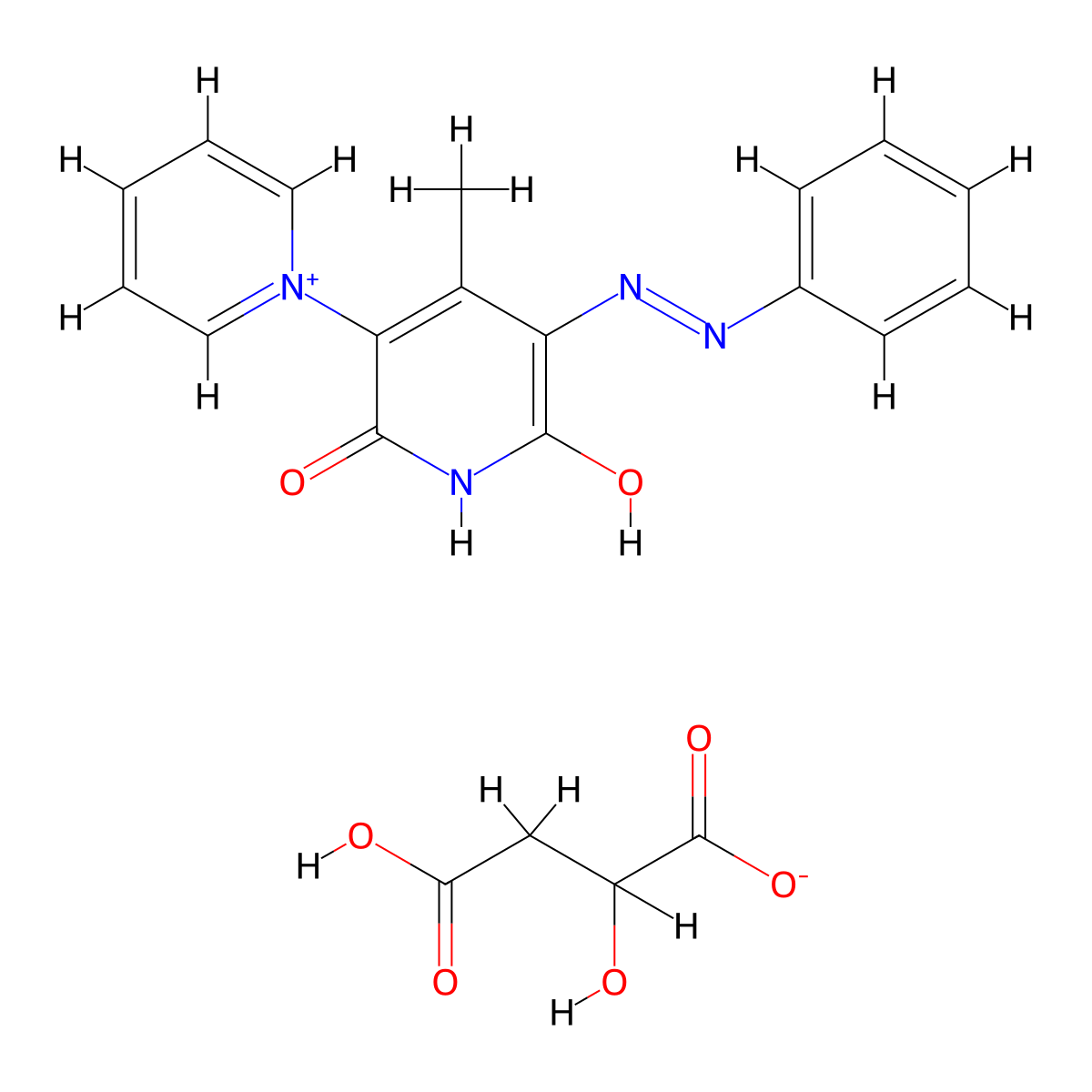 1,3'-Bipyridinium, 1',2'-dihydro-6'-hydroxy-4'-methyl-2'-oxo-5'-(2-phenyldiazenyl)-, 2-hydroxybutanedioate (1:1) molecular structure, CAS 68214-59-5