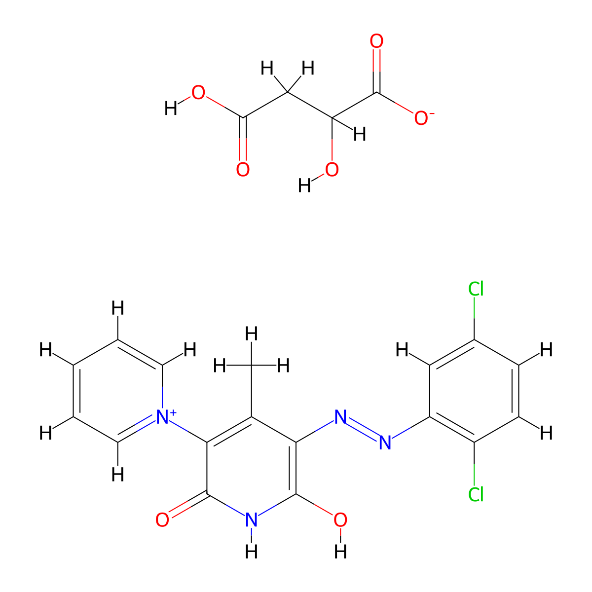 1,3'-Bipyridinium, 5'-(2-(2,5-dichlorophenyl)diazenyl)-1',2'-dihydro-6'-hydroxy-4'-methyl-2'-oxo-, 2-hydroxybutanedioate (1:1) molecular structure, CAS 68214-61-9