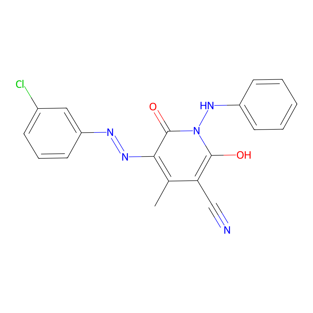 3-Pyridinecarbonitrile, 5-[(3-chlorophenyl)azo]-1,2-dihydro-6-hydroxy-4-methyl-2-oxo-1-(phenylamino)- molecular structure, CAS 68214-64-2