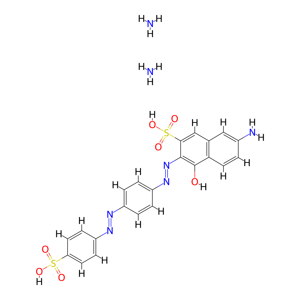2-Naphthalenesulfonic acid, 7-amino-4-hydroxy-3-(2-(4-(2-(4-sulfophenyl)diazenyl)phenyl)diazenyl)-, ammonium salt (1:2) molecular structure, CAS 68227-38-3