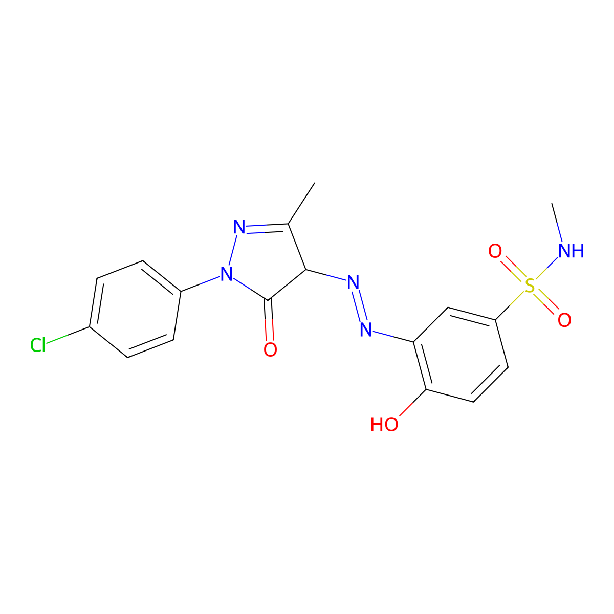 Benzenesulfonamide, 3-[2-[1-(4-chlorophenyl)-4,5-dihydro-3-methyl-5-oxo-1H-pyrazol-4-yl]diazenyl]-4-hydroxy-N-methyl- molecular structure, CAS 68227-56-5