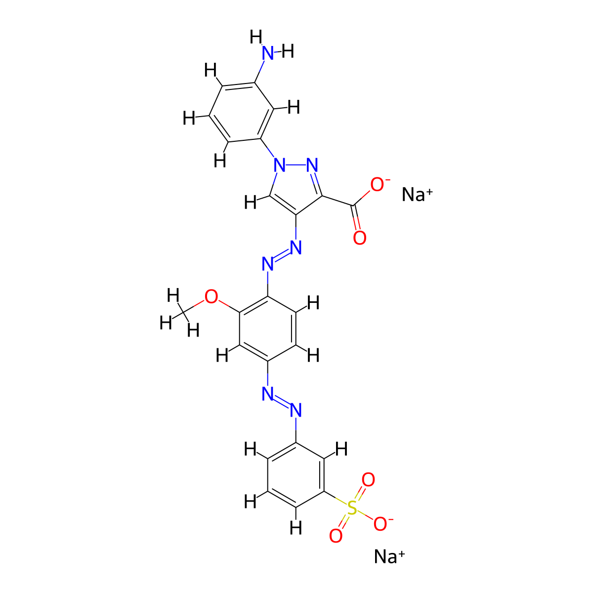 1H-Pyrazole-3-carboxylic acid, 1-(3-aminophenyl)-4-[2-[2-methoxy-4-[2-(3-sulfophenyl)diazenyl]phenyl]diazenyl]-, sodium salt (1:2) molecular structure, CAS 68227-66-7