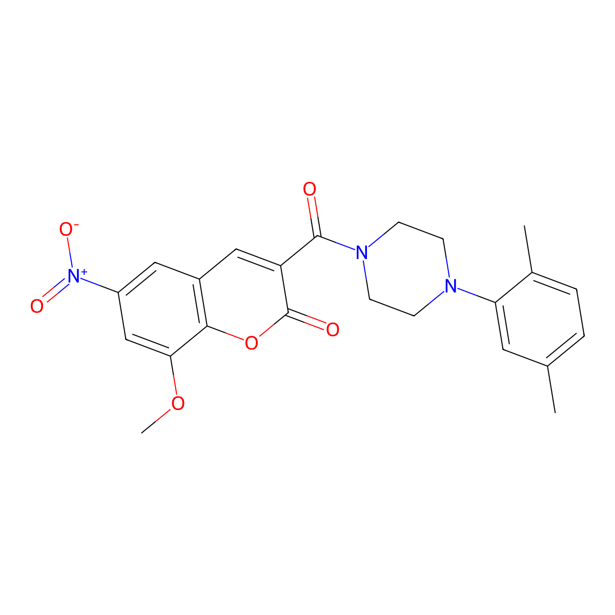 3-(4-(2,5-dimethylphenyl)piperazine-1-carbonyl)-8-methoxy-6-nitro-2H-chromen-2-one molecular structure, CAS 682346-02-7