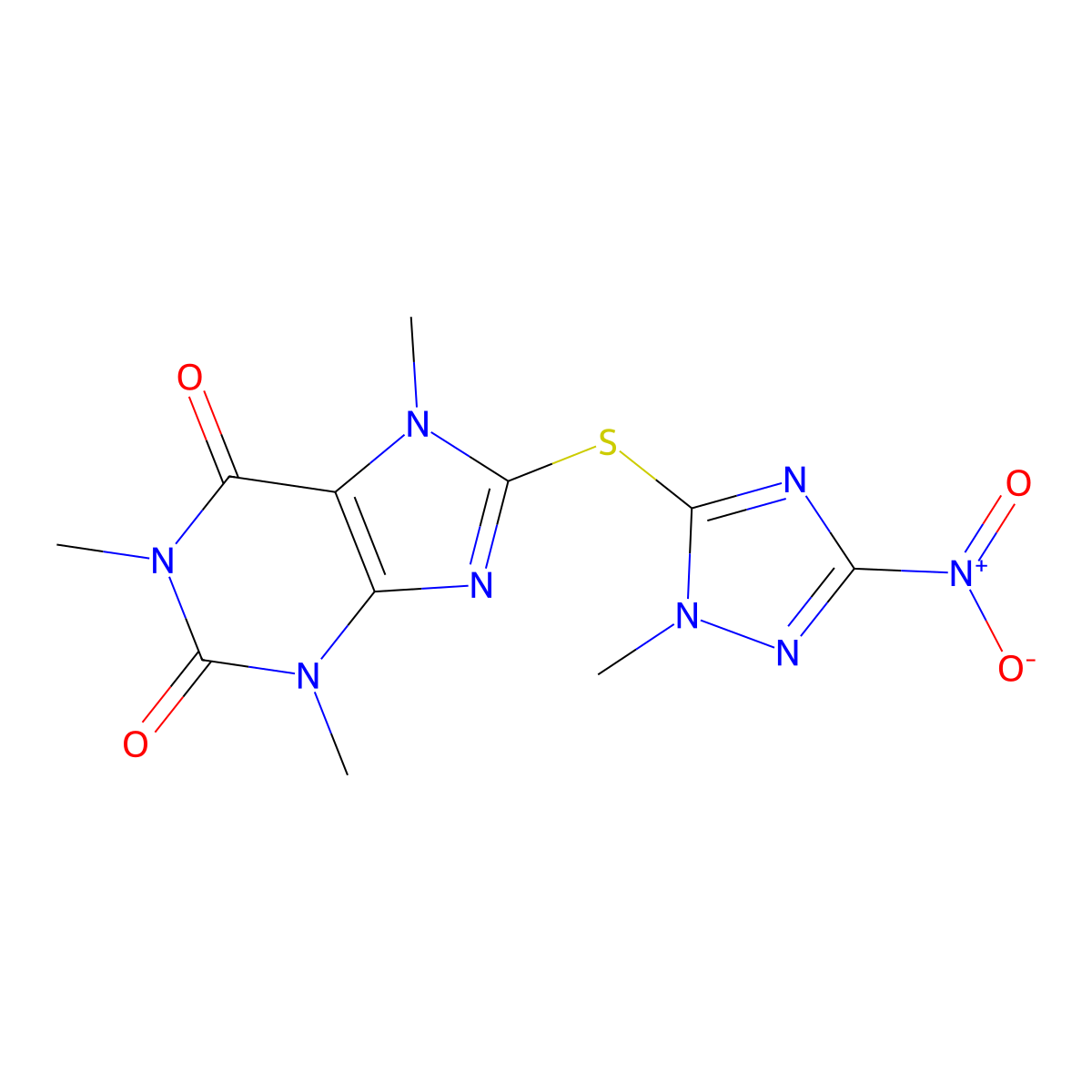 1,3,7-Trimethyl-8-[(2-methyl-5-nitro-1,2,4-triazol-3-yl)sulfanyl]purine-2,6-dione molecular structure, CAS 682347-91-7