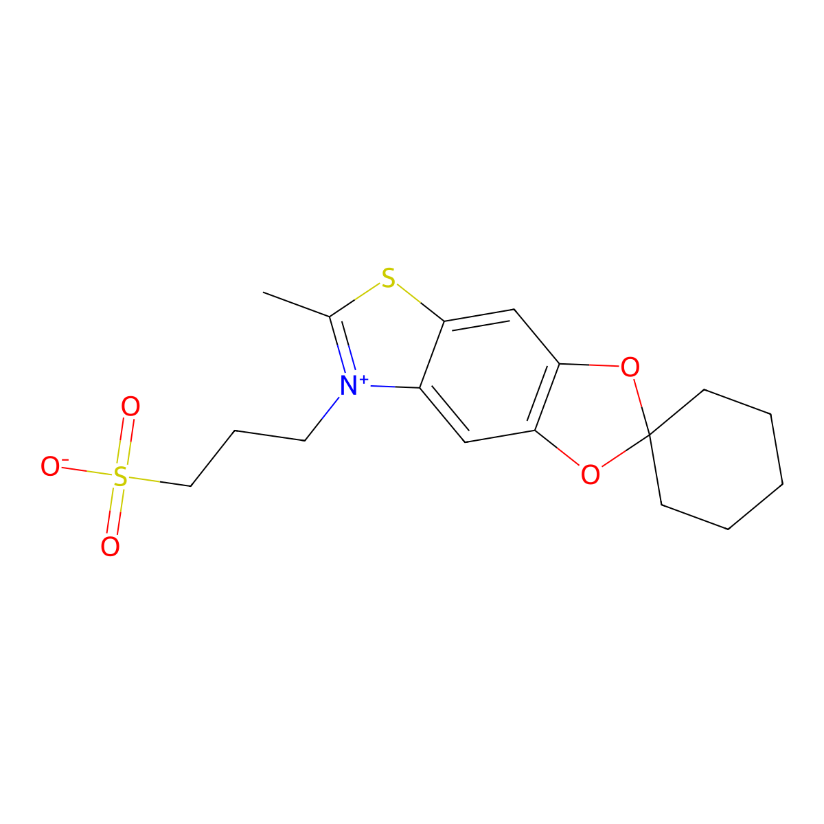 spiro(cyclohexane-1,2'-(1,3)dioxolo(4,5-f)benzothiazolium), 6'-methyl-7'-(3-sulfopropyl)-, inner salt molecular structure, CAS 68239-11-2