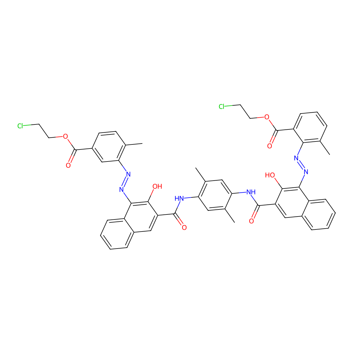 Benzoic acid, 3,3'-[(2,5-dimethyl-1,4-phenylene)bis[iminocarbonyl(2-hydroxy-3,1-naphthalenediyl)azo]]bis[4-methyl-, bis(2-chloroethyl) ester molecular structure, CAS 68259-05-2