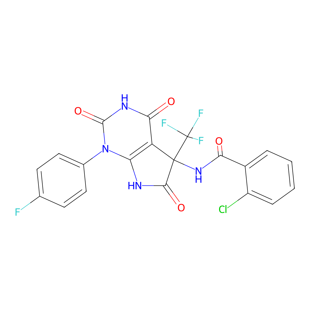 2-chloro-N-[1-(4-fluorophenyl)-2,4,6-trioxo-5-(trifluoromethyl)-7H-pyrrolo[2,3-d]pyrimidin-5-yl]benzamide molecular structure, CAS 682760-11-8