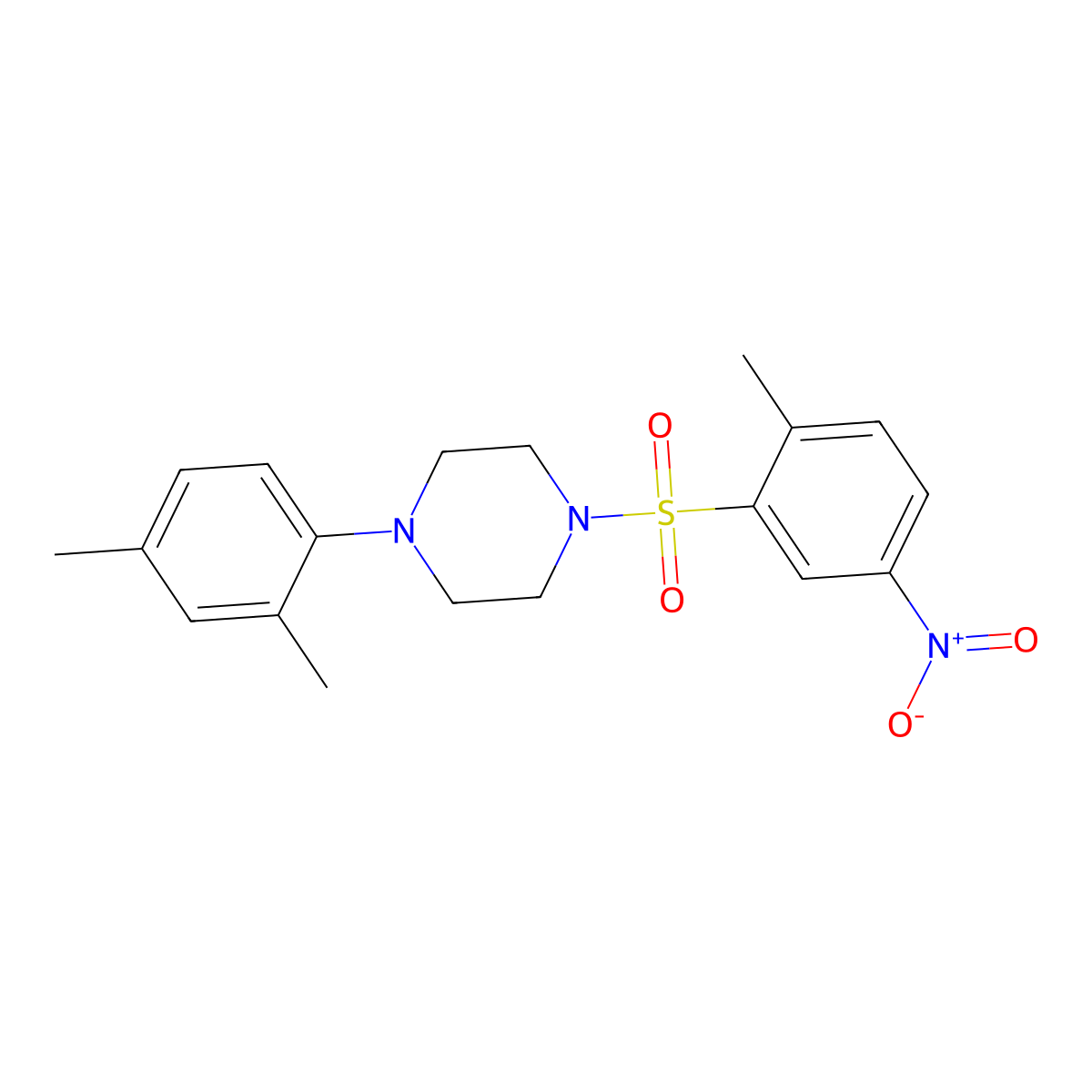 Piperazine, 1-(2,4-dimethylphenyl)-4-[(2-methyl-5-nitrophenyl)sulfonyl]- molecular structure, CAS 682762-34-1