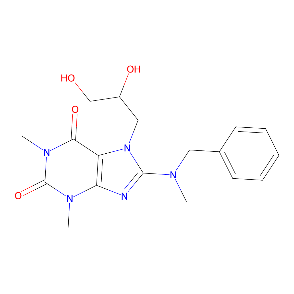 8-(benzyl(methyl)amino)-7-(2,3-dihydroxypropyl)-1,3-dimethyl-1H-purine-2,6(3H,7H)-dione molecular structure, CAS 682775-76-4