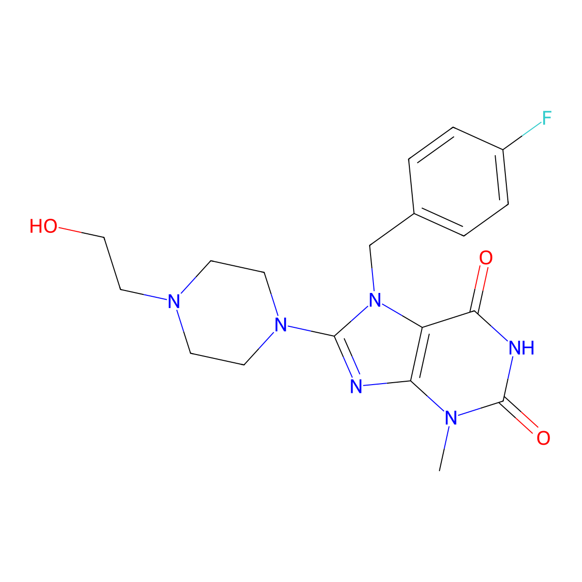7-(4-fluorobenzyl)-8-(4-(2-hydroxyethyl)piperazin-1-yl)-3-methyl-1H-purine-2,6(3H,7H)-dione molecular structure, CAS 682775-87-7