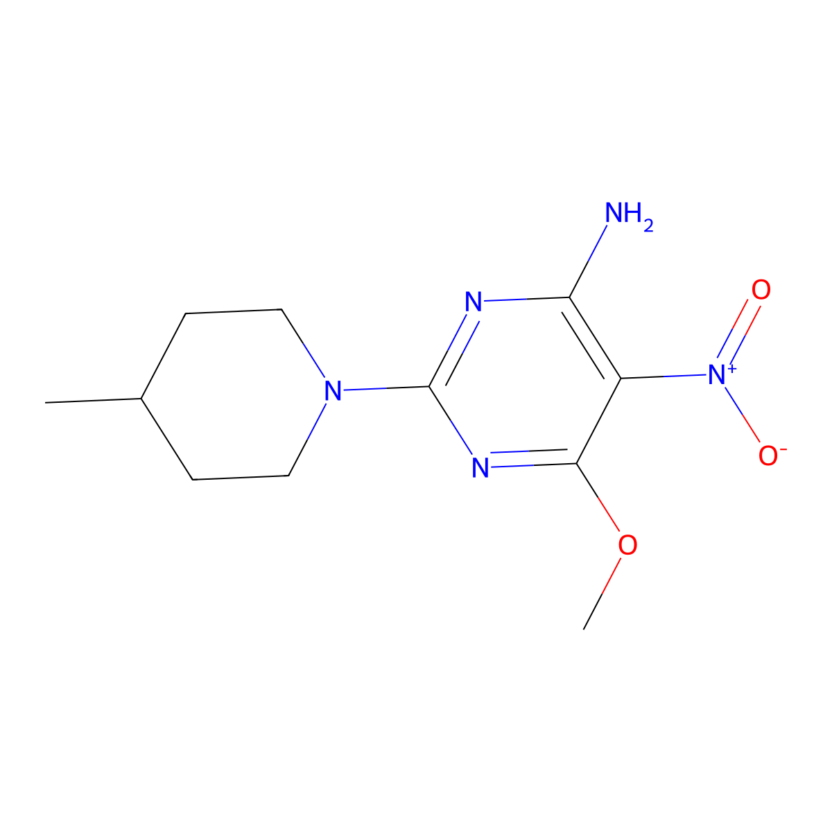 6-Methoxy-2-(4-methylpiperidin-1-yl)-5-nitropyrimidin-4-amine molecular structure, CAS 682776-71-2