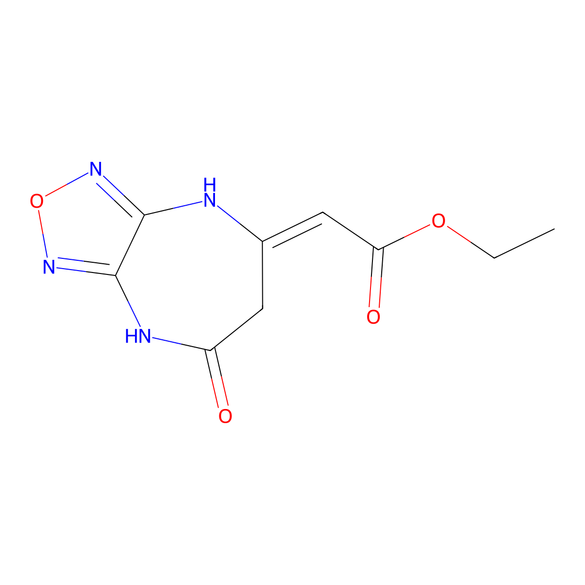 Acetic acid, 2-(6,7-dihydro-7-oxo-1H-[1,2,5]oxadiazolo[3,4-b][1,4]diazepin-5(3H)-ylidene)-, ethyl ester molecular structure, CAS 68278-53-5