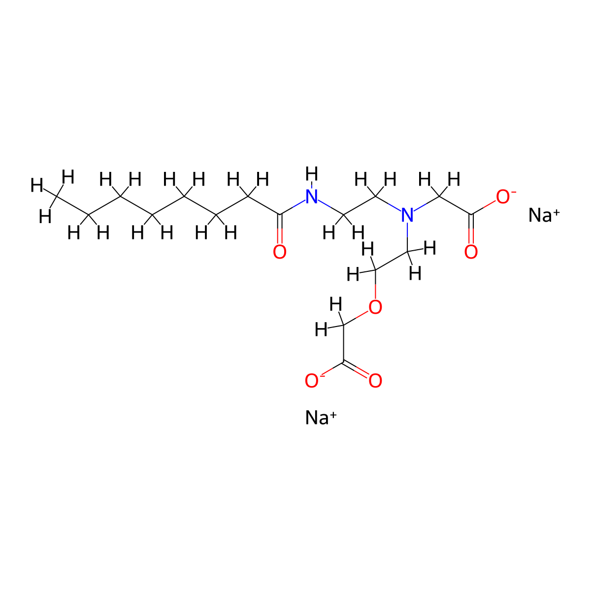 Glycine, N-(2-(carboxymethoxy)ethyl)-N-(2-((1-oxooctyl)amino)ethyl)-, sodium salt (1:2) molecular structure, CAS 68298-18-0