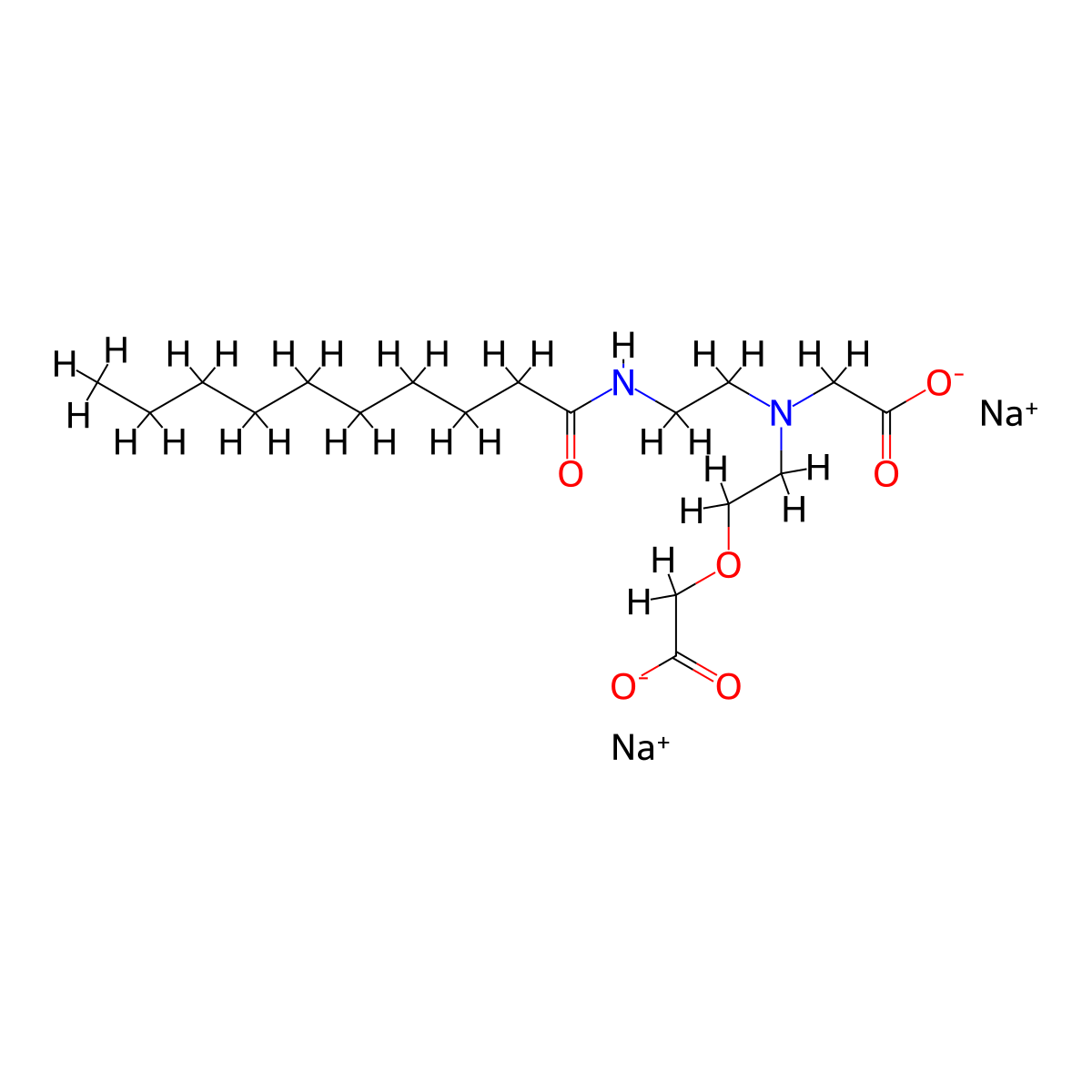 Glycine, N-[2-(carboxymethoxy)ethyl]-N-[2-[(1-oxodecyl)amino]ethyl]-, sodium salt (1:2) molecular structure, CAS 68298-22-6
