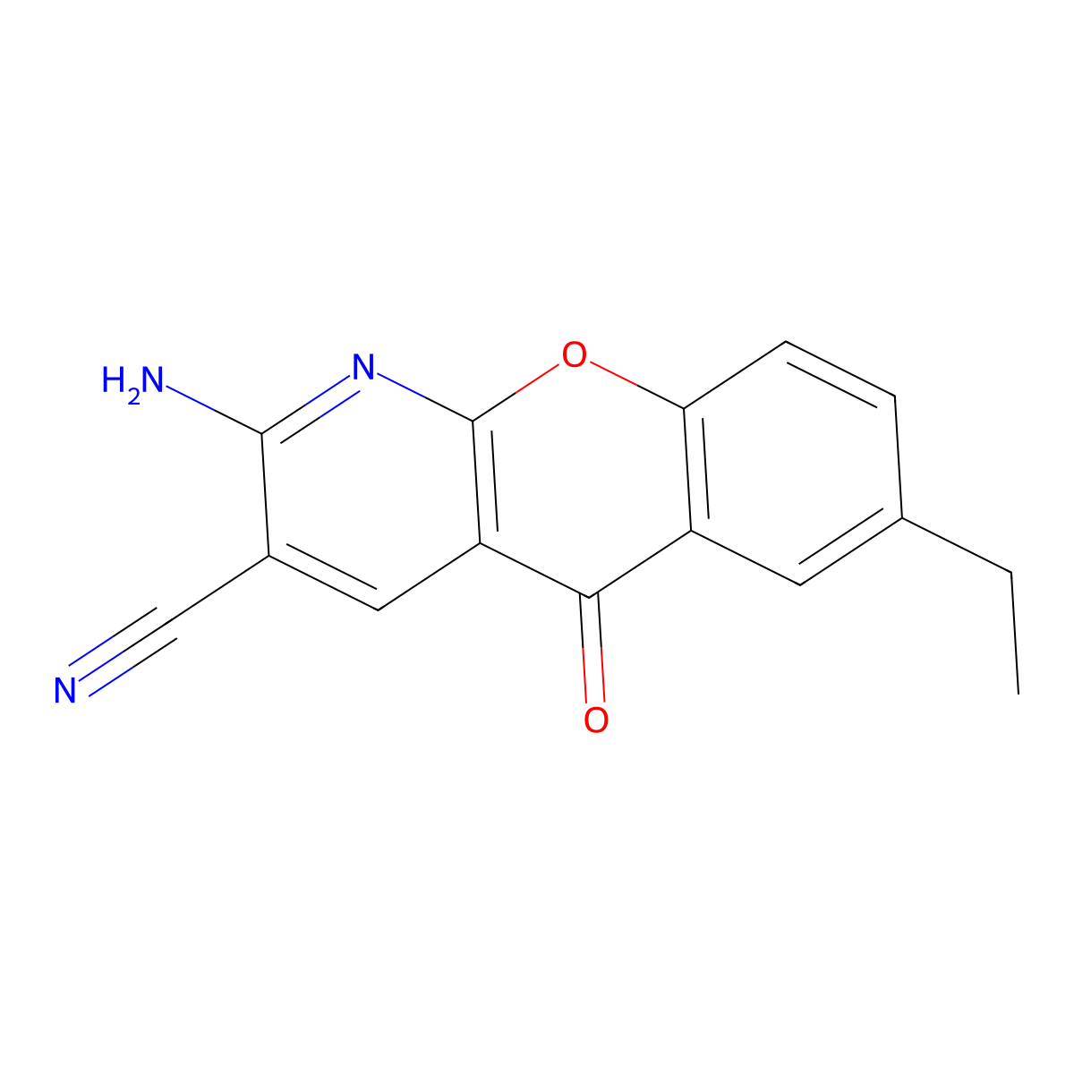 2-Amino-7-ethyl-5-oxo-5H-[1]benzopyrano[2,3-b]pyridine-3-carbonitrile molecular structure, CAS 68302-09-0