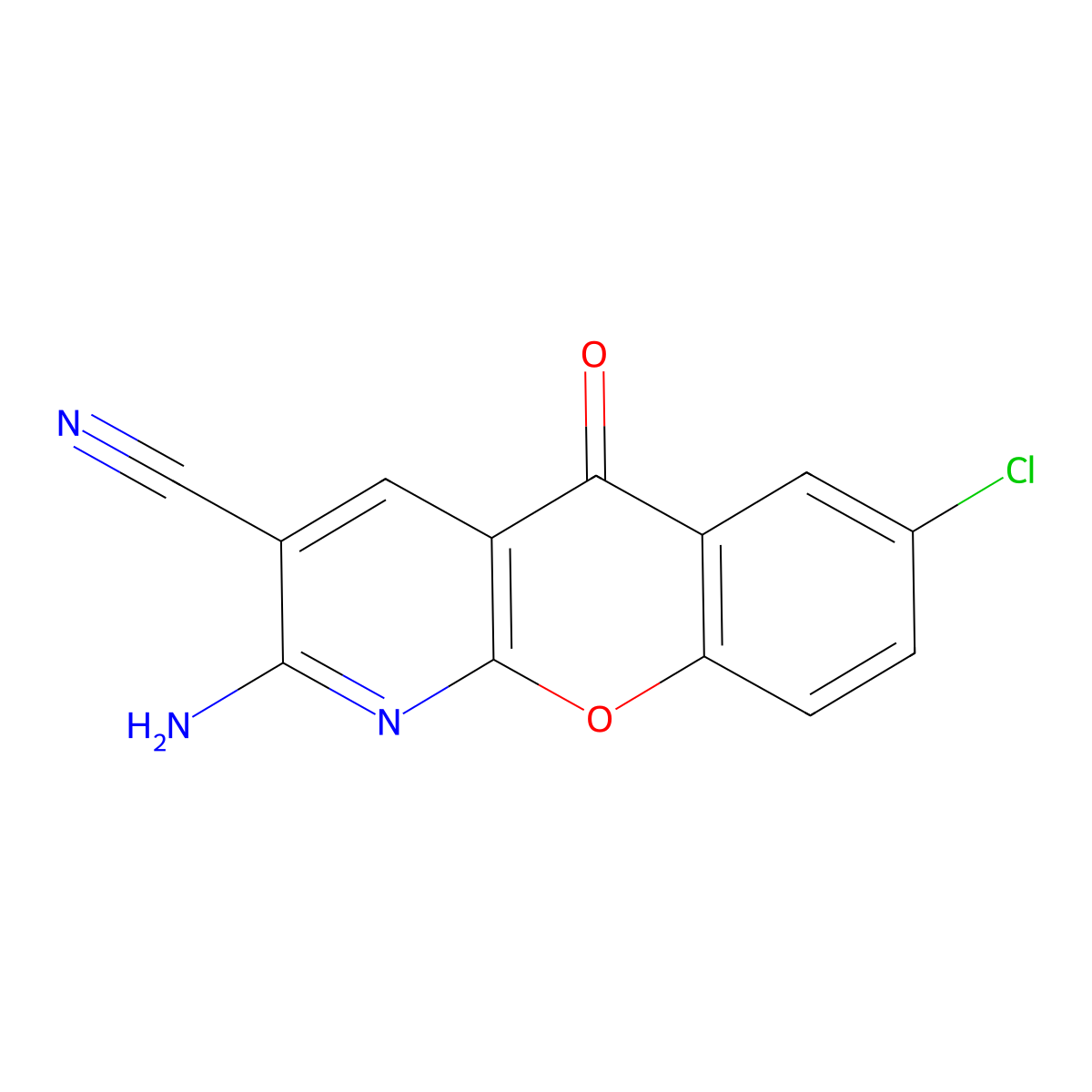 2-Amino-7-chloro-5-oxo-5H-(1)benzopyrano(2,3-b)pyridine-3-carbonitrile molecular structure, CAS 68302-10-3