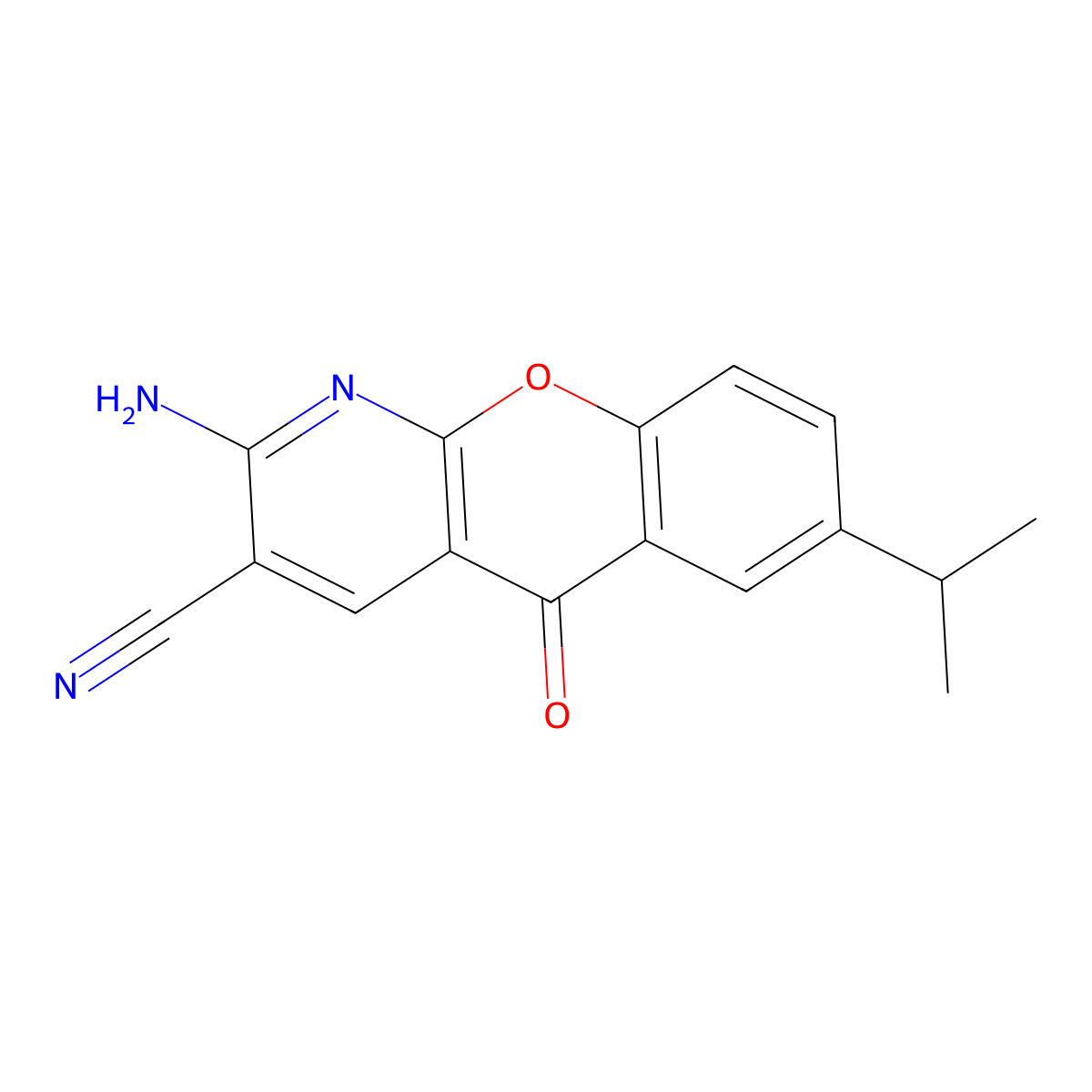 2-Amino-7-isopropyl-5-oxo-5H-[1]benzopyrano[2,3-b]pyridine-3-carbonitrile molecular structure, CAS 68302-12-5