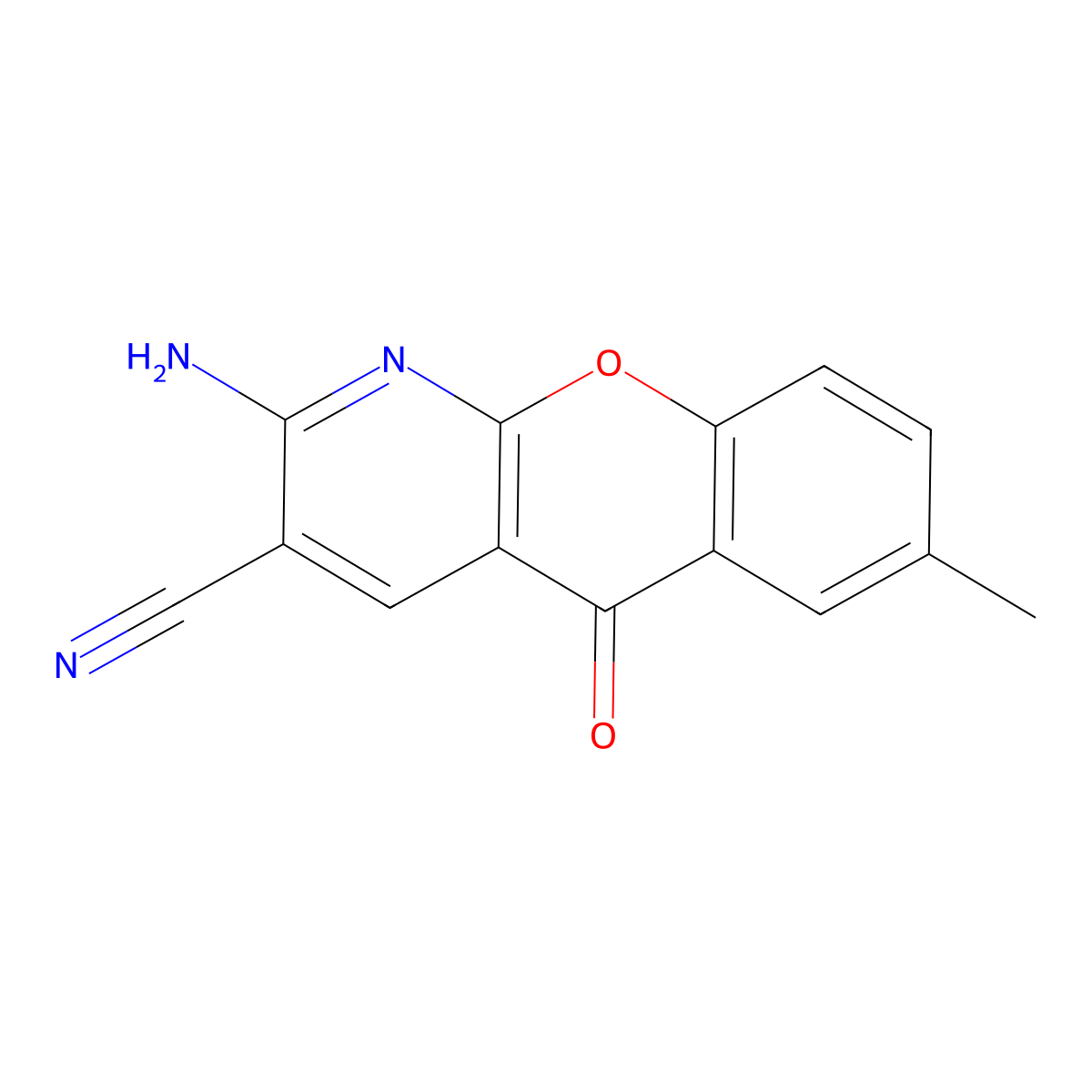 2-Amino-7-methyl-5-oxo-5H-(1)benzopyrano(2,3-b)pyridine-3-carbonitrile molecular structure, CAS 68302-13-6