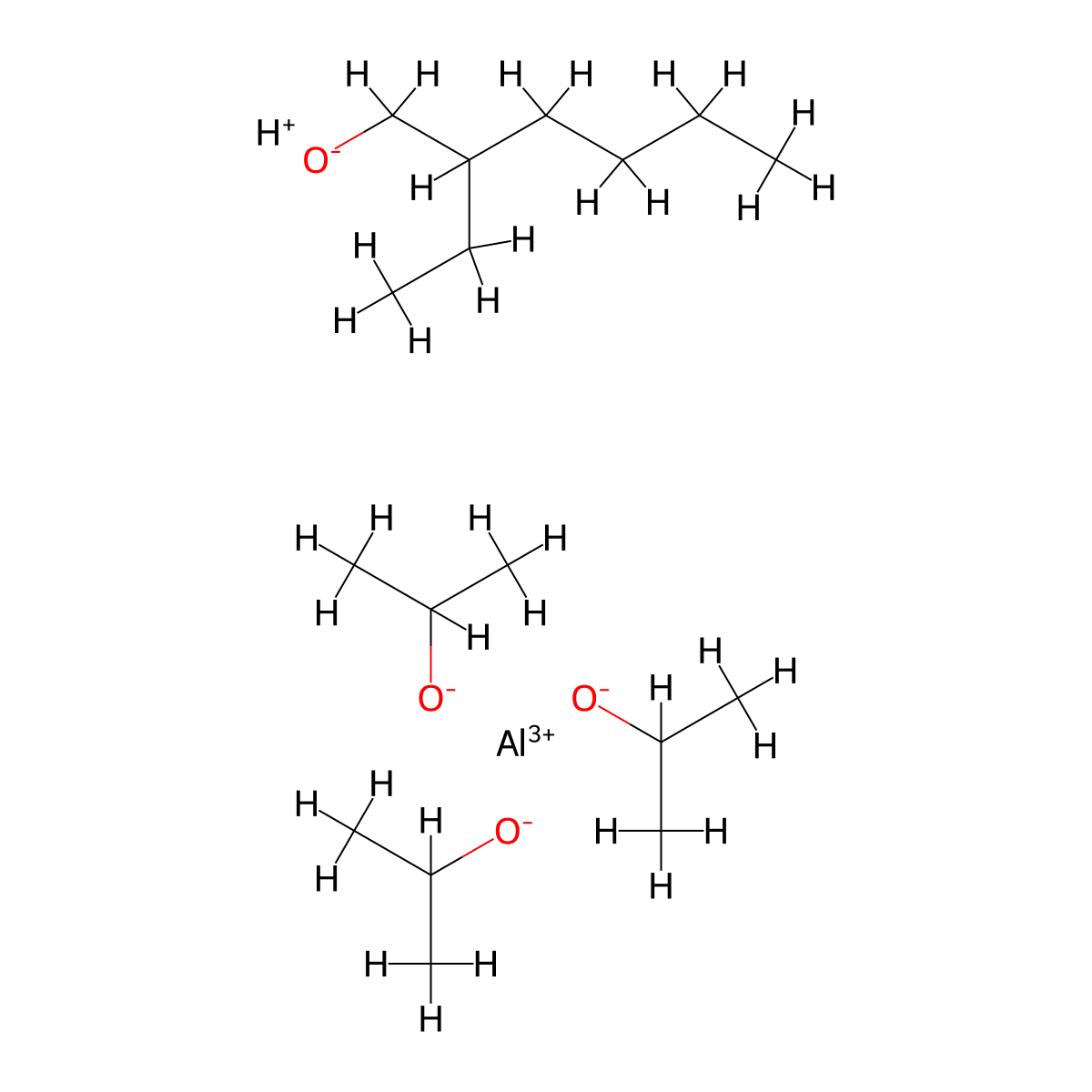 Aluminate(1-), (2-ethyl-1-hexanolato)tris(2-propanolato)-, hydrogen (1:1), (T-4)- molecular structure, CAS 68309-99-9