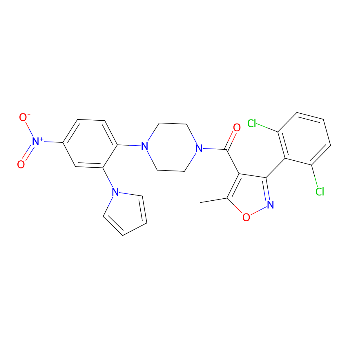 Methanone, [3-(2,6-dichlorophenyl)-5-methyl-4-isoxazolyl][4-[4-nitro-2-(1H-pyrrol-1-yl)phenyl]-1-piperazinyl]- molecular structure, CAS 683206-20-4