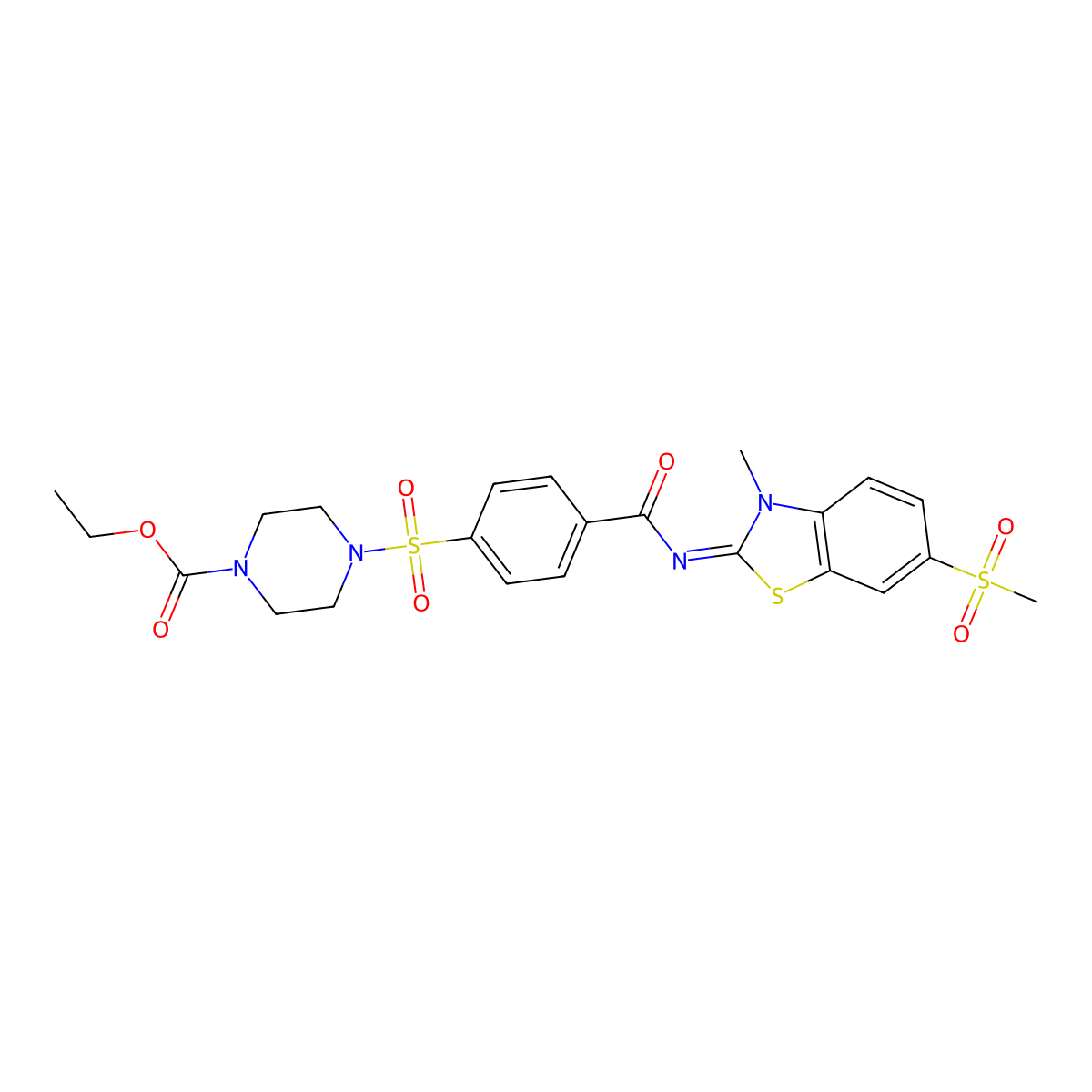 (Z)-ethyl 4-((4-((3-methyl-6-(methylsulfonyl)benzo[d]thiazol-2(3H)-ylidene)carbamoyl)phenyl)sulfonyl)piperazine-1-carboxylate molecular structure, CAS 683247-51-0