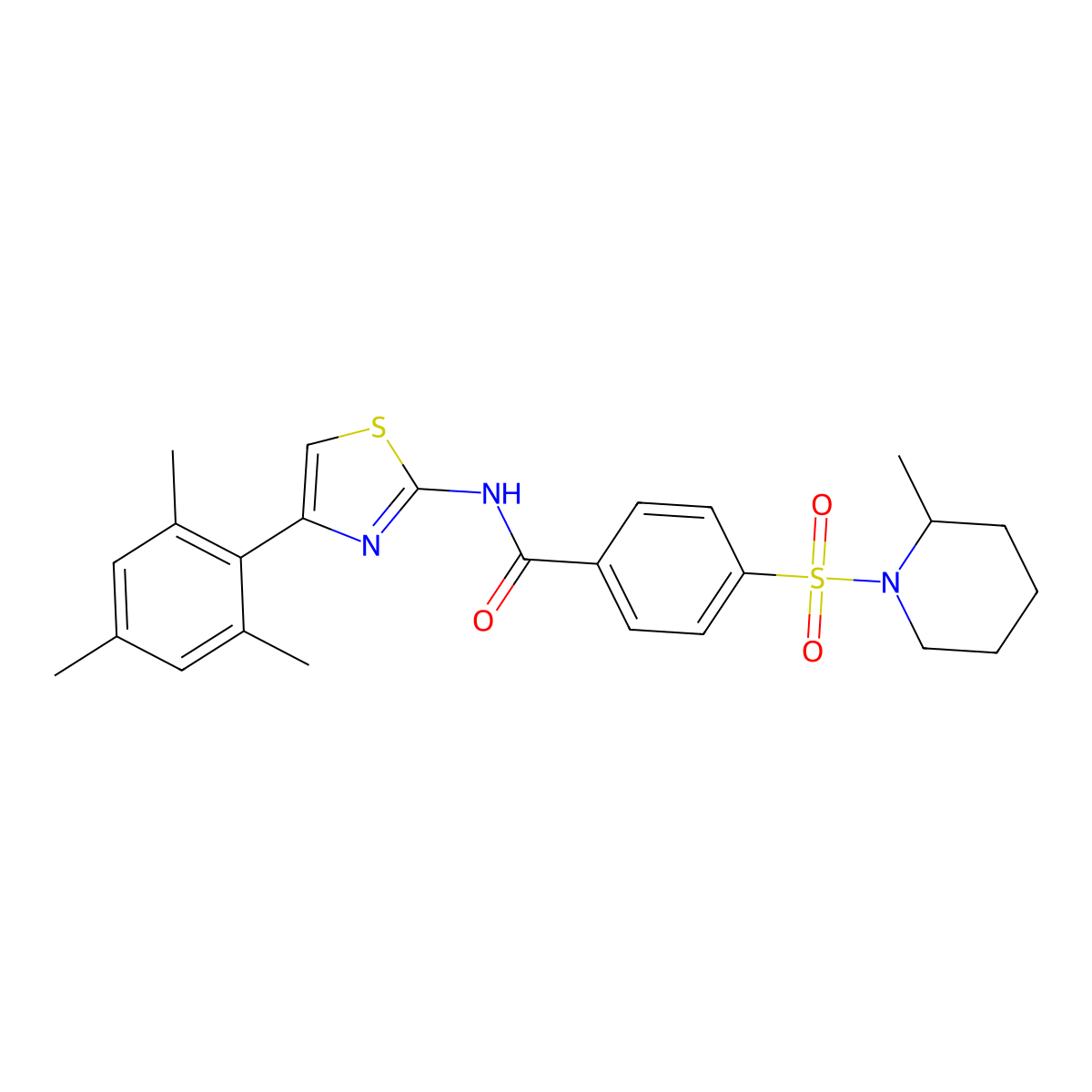 N-(4-mesitylthiazol-2-yl)-4-((2-methylpiperidin-1-yl)sulfonyl)benzamide molecular structure, CAS 683263-74-3