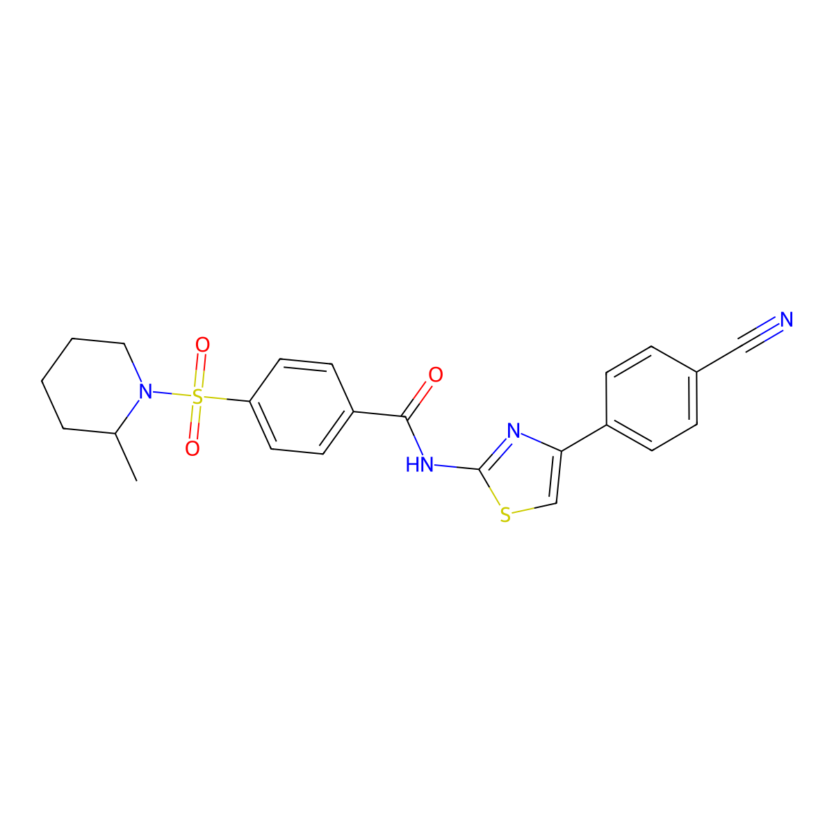 N-(4-(4-cyanophenyl)thiazol-2-yl)-4-((2-methylpiperidin-1-yl)sulfonyl)benzamide molecular structure, CAS 683264-40-6