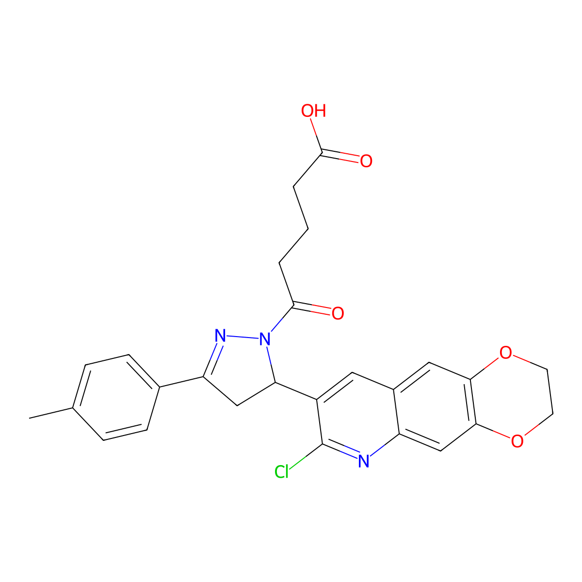 5-(5-(7-chloro-2,3-dihydro-[1,4]dioxino[2,3-g]quinolin-8-yl)-3-(p-tolyl)-4,5-dihydro-1H-pyrazol-1-yl)-5-oxopentanoic acid molecular structure, CAS 683268-10-2