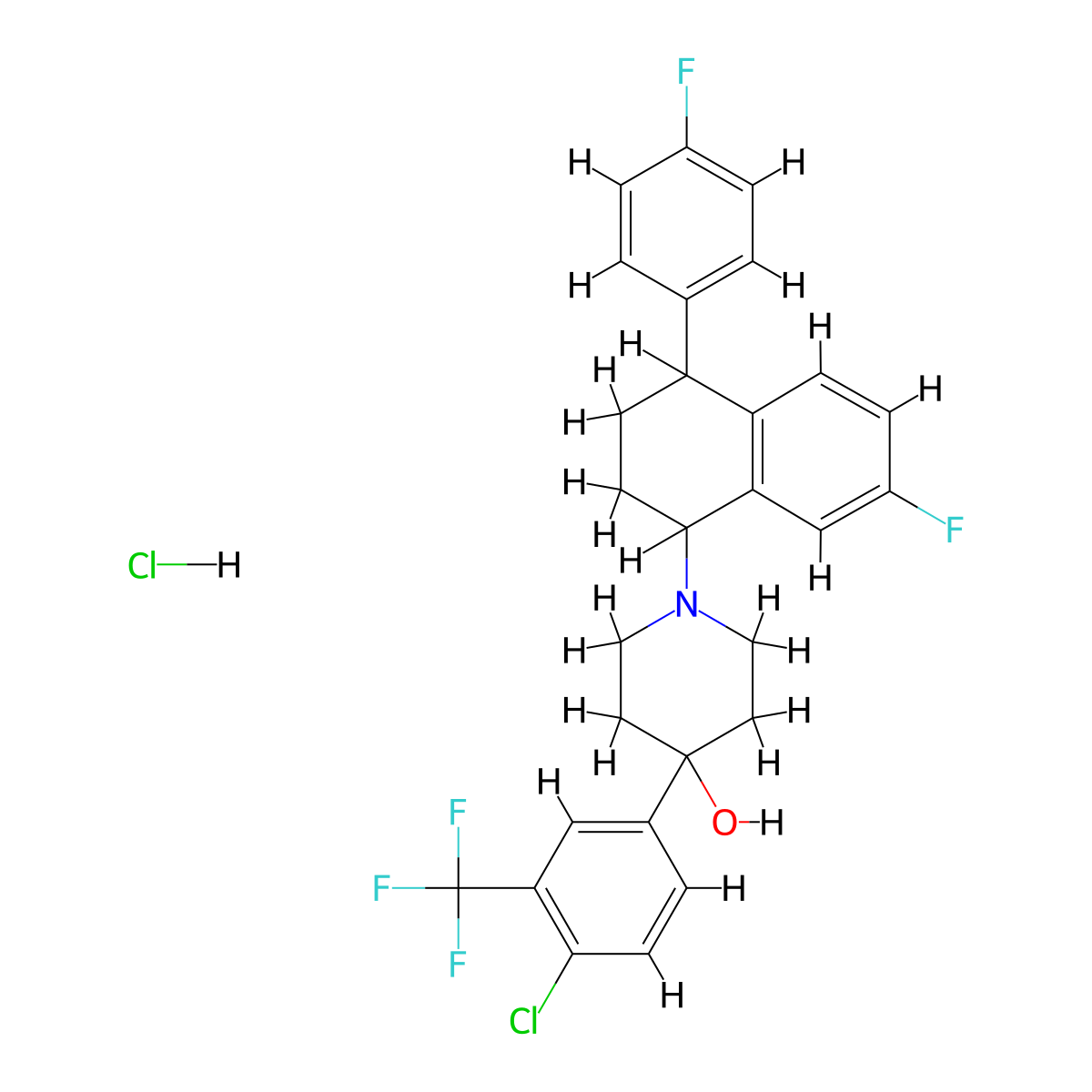 4-Piperidinol, 4-(4-chloro-3-(trifluoromethyl)phenyl)-1-(7-fluoro-4-(4-fluorophenyl)-1,2,3,4-tetrahydro-1-naphthalenyl)-, hydrochloride molecular structure, CAS 68351-28-0
