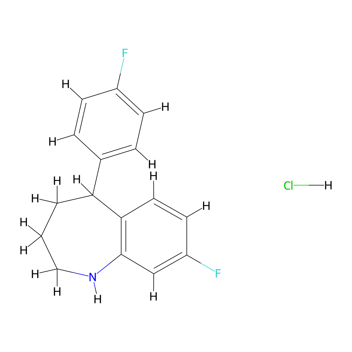 8-Fluoro-5-(4-fluorophenyl)-2,3,4,5-tetrahydro-1H-1-benzazepine--hydrogen chloride (1/1) molecular structure, CAS 68351-40-6