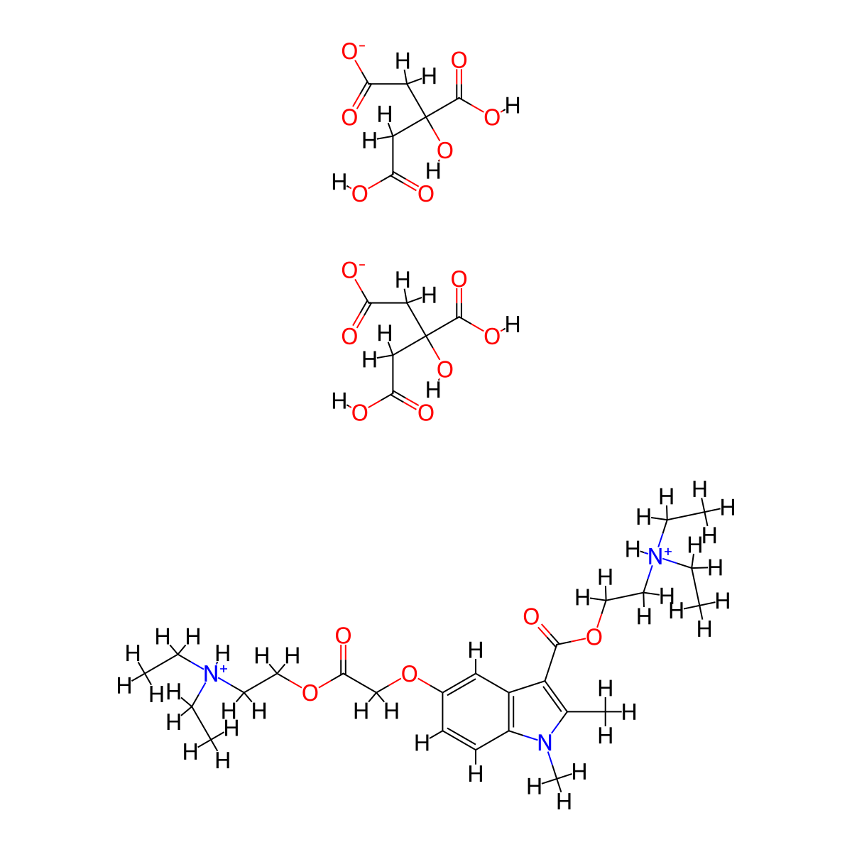 1H-Indole-3-carboxylic acid, 5-(2-(2-(diethylamino)ethoxy)-2-oxoethoxy)-1,2-dimethyl-, 2-(diethylamino)ethyl ester, dicitrate, hemihydrate molecular structure, CAS 68360-93-0